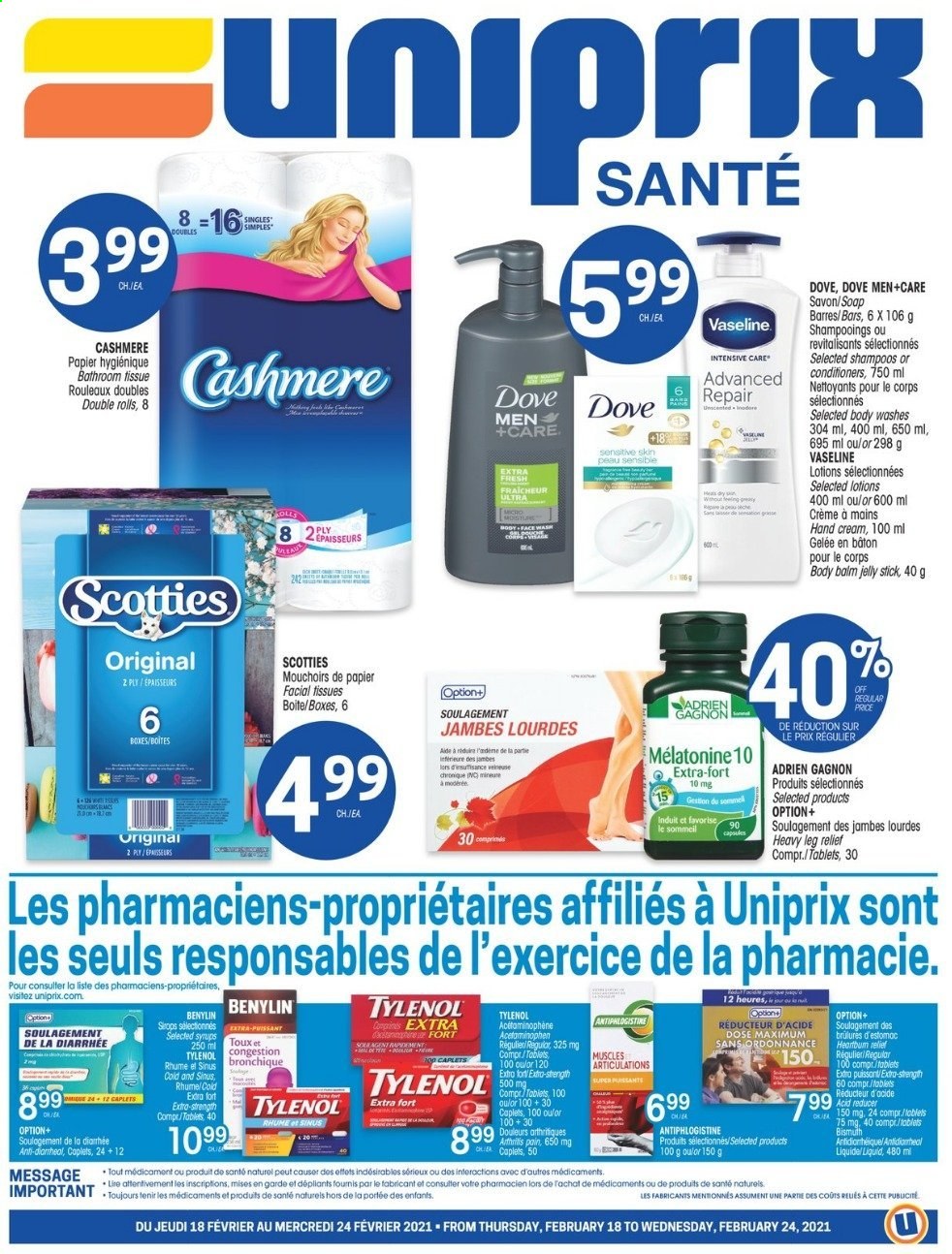 thumbnail - Uniprix Santé Flyer - February 18, 2021 - February 24, 2021 - Sales products - jelly, bath tissue, Vaseline, soap, facial tissues, hand cream, Tylenol, Benylin. Page 1.