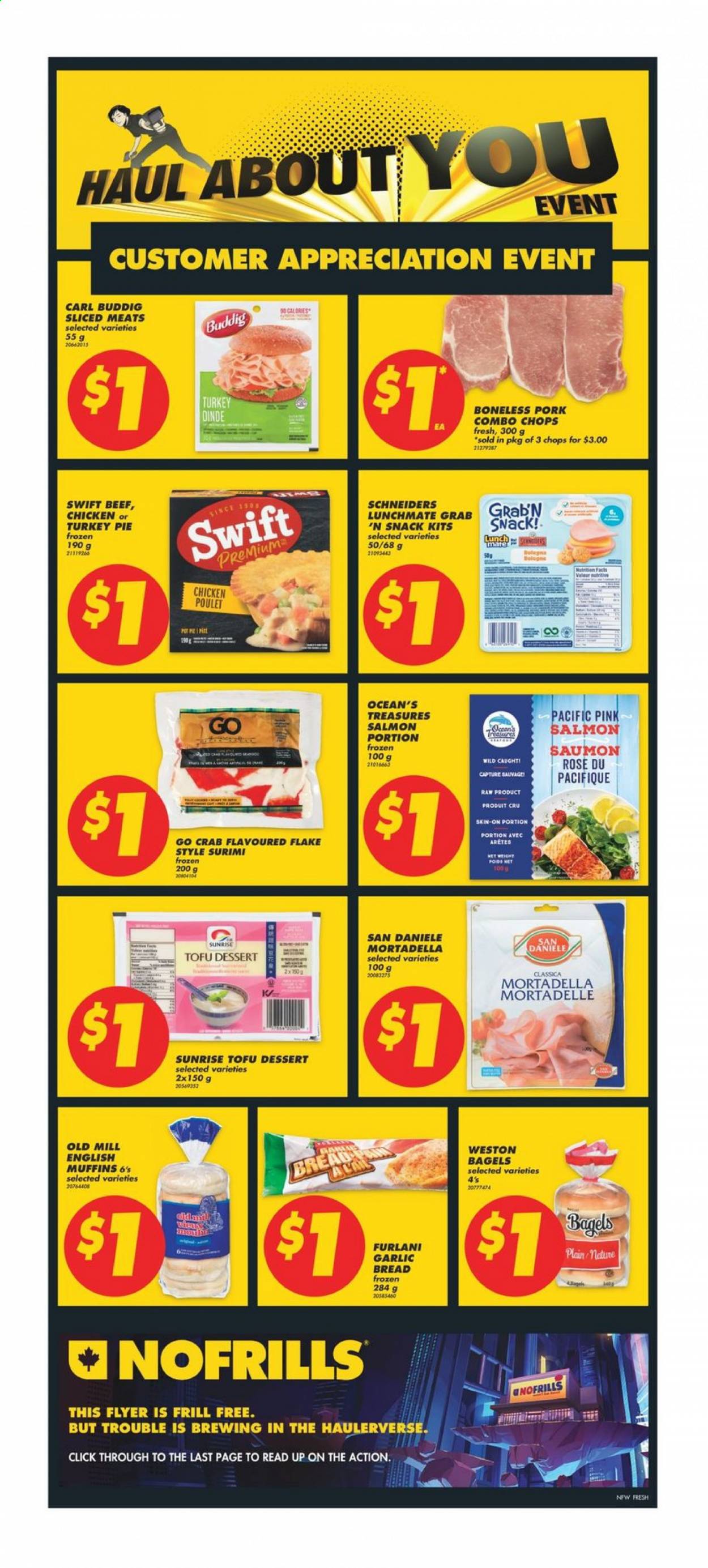 thumbnail - No Frills Flyer - February 19, 2021 - February 25, 2021 - Sales products - bagels, bread, english muffins, pie, salmon, crab, mortadella, tofu, snack, wine, rosé wine. Page 3.