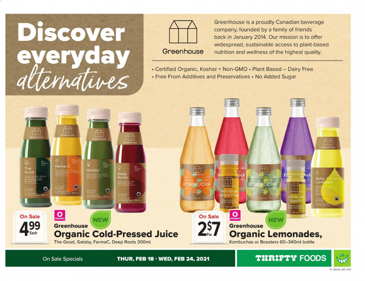 thumbnail - Thrifty Foods Flyer - February 18, 2021 - February 24, 2021 - Sales products - ginger, spinach, kale, turmeric, black pepper, lemonade, juice, kombucha. Page 1.