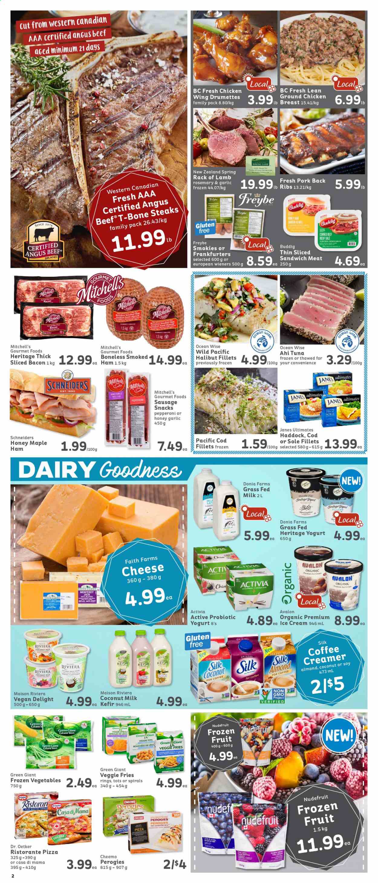 thumbnail - IGA Simple Goodness Flyer - February 19, 2021 - February 25, 2021 - Sales products - jalapeño, blueberries, pears, cod, tuna, haddock, halibut, pizza, sandwich, ham, smoked ham, sausage, pepperoni, corned beef, Monterey Jack cheese, Dr. Oetker, yoghurt, Activia, kefir, creamer, ice cream, frozen vegetables, veggie fries, snack, coconut milk, rosemary, ground chicken, chicken, beef meat, t-bone steak, lamb meat, rack of lamb, steak. Page 2.