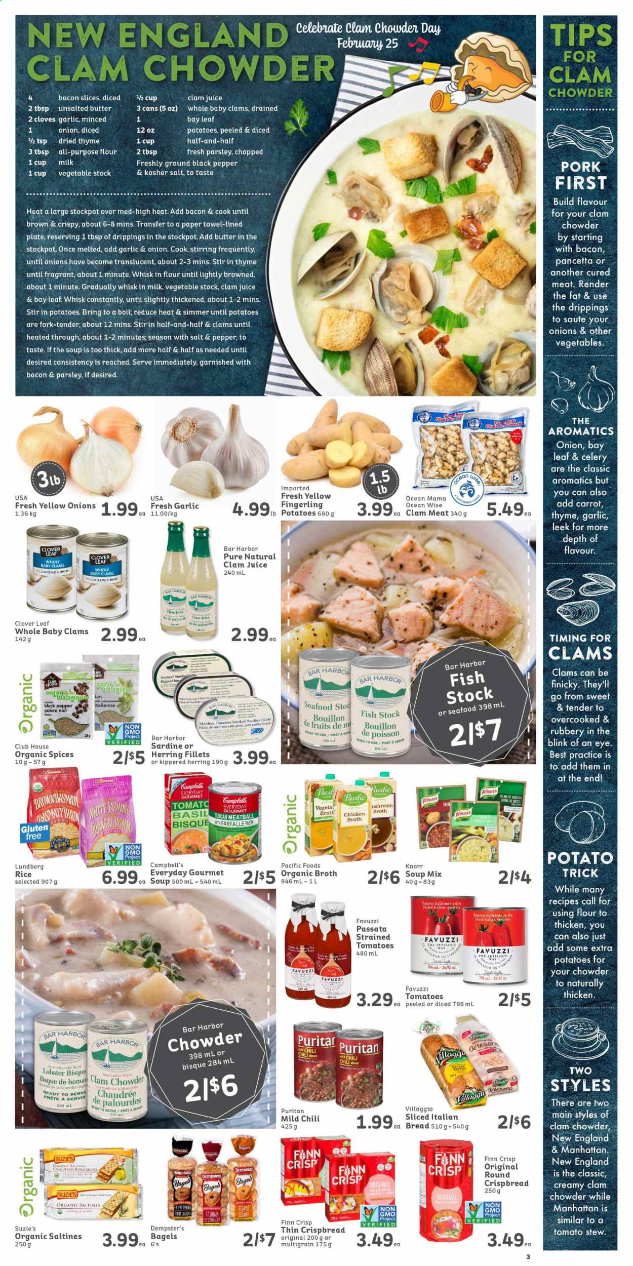 thumbnail - IGA Simple Goodness Flyer - February 19, 2021 - February 25, 2021 - Sales products - bagels, bread, crispbread, celery, leek, tomatoes, parsley, lobster, herring, seafood, fish, Campbell's, fish stock, vegetable stock, soup mix, soup, pasta, Clover, milk, saltines, bouillon, flour, chicken broth, broth, clam chowder, esponja, cloves, stockpot, juice, Half and half, Knorr, pancetta. Page 3.