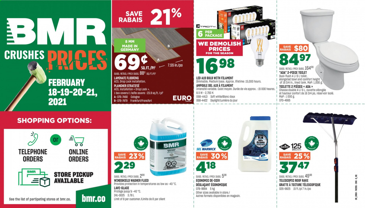 thumbnail - BMR Flyer - February 18, 2021 - February 21, 2021 - Sales products - tank, toilet, flooring, laminate floor, washer fluid. Page 1.