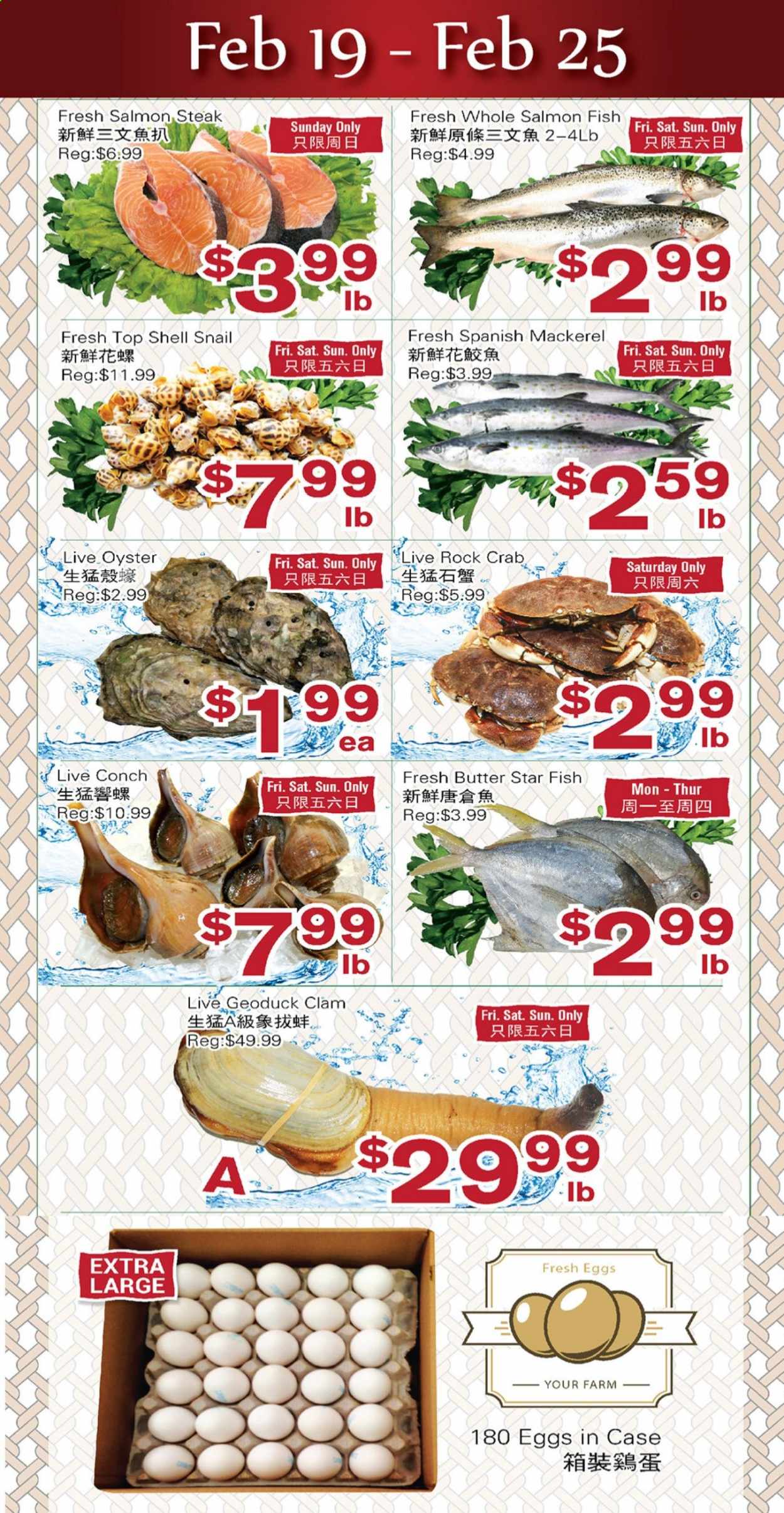 thumbnail - First Choice Supermarket Flyer - February 19, 2021 - February 25, 2021 - Sales products - clams, mackerel, salmon, oysters, crab, fish, eggs, butter, steak. Page 1.