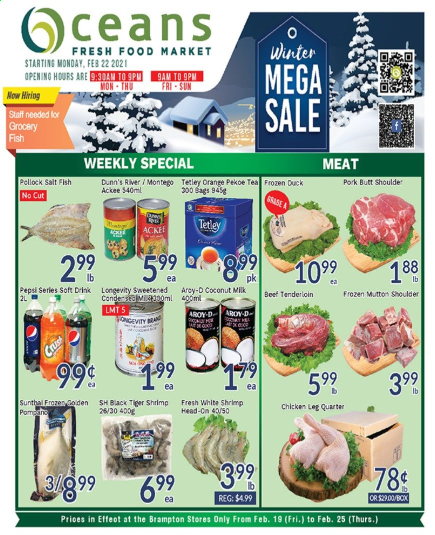 thumbnail - Oceans Flyer - February 19, 2021 - February 25, 2021 - Sales products - pollock, pompano, fish, shrimps, condensed milk, salt, coconut milk, Pepsi, soft drink, tea, chicken legs, whole duck, beef meat, beef tenderloin, mutton meat, bag. Page 1.
