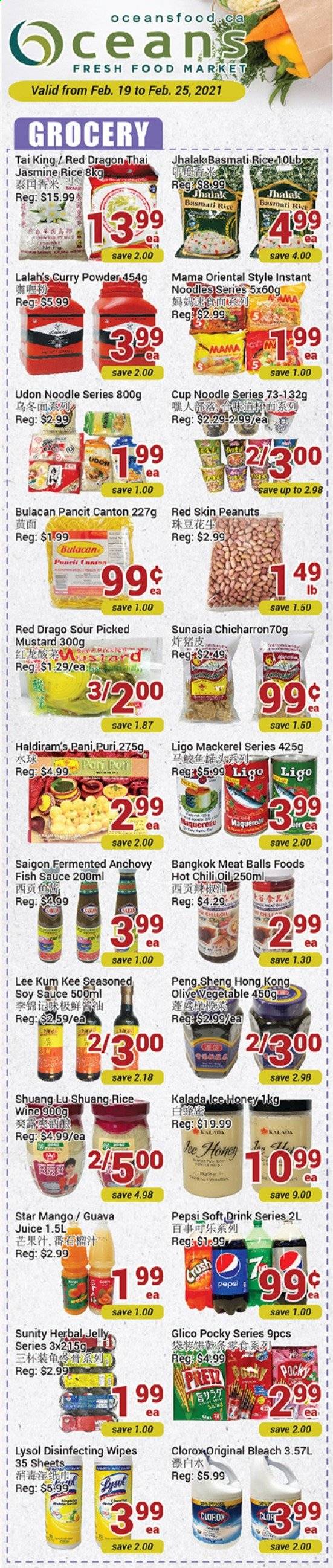 thumbnail - Oceans Flyer - February 19, 2021 - February 25, 2021 - Sales products - guava, mango, mackerel, fish, instant noodles, sauce, noodles, jelly, anchovies, basmati rice, rice, jasmine rice, curry powder, fish sauce, mustard, soy sauce, Lee Kum Kee, oil, honey, peanuts, Pepsi, juice, soft drink, wipes, bleach, Lysol, Clorox. Page 1.
