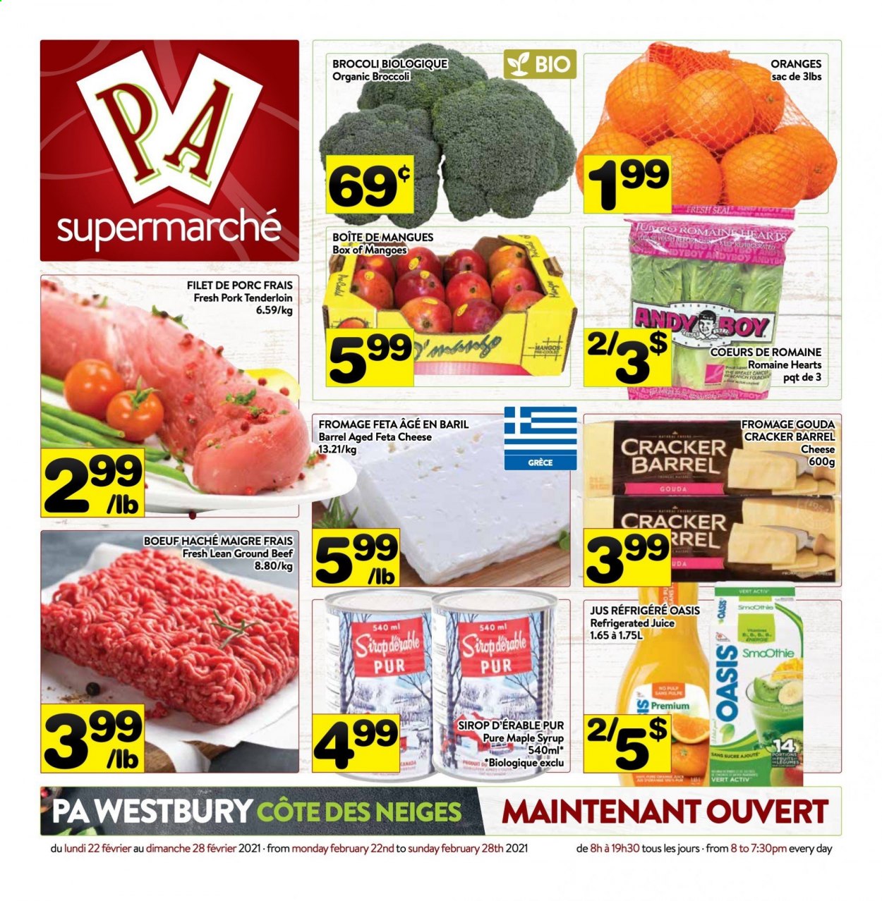 thumbnail - Circulaire PA Supermarché - 22 Février 2021 - 28 Février 2021 - Produits soldés - fromage, Oasis, jus, smoothie, brocoli, féta, sucre. Page 1.