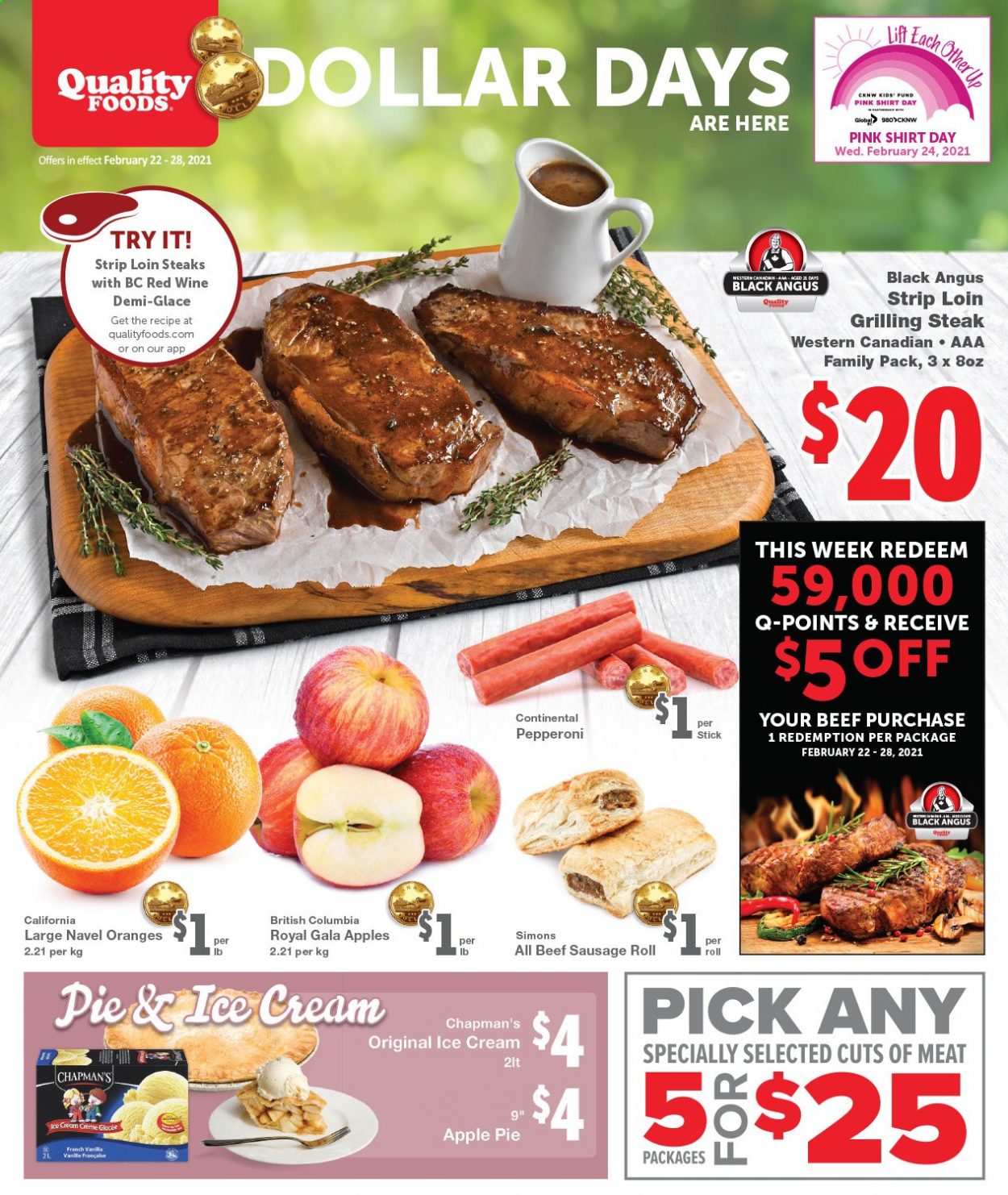 thumbnail - Quality Foods Flyer - February 22, 2021 - February 28, 2021 - Sales products - sausage rolls, apple pie, Gala, navel oranges, Continental, sausage, pepperoni, ice cream, wine, steak. Page 1.