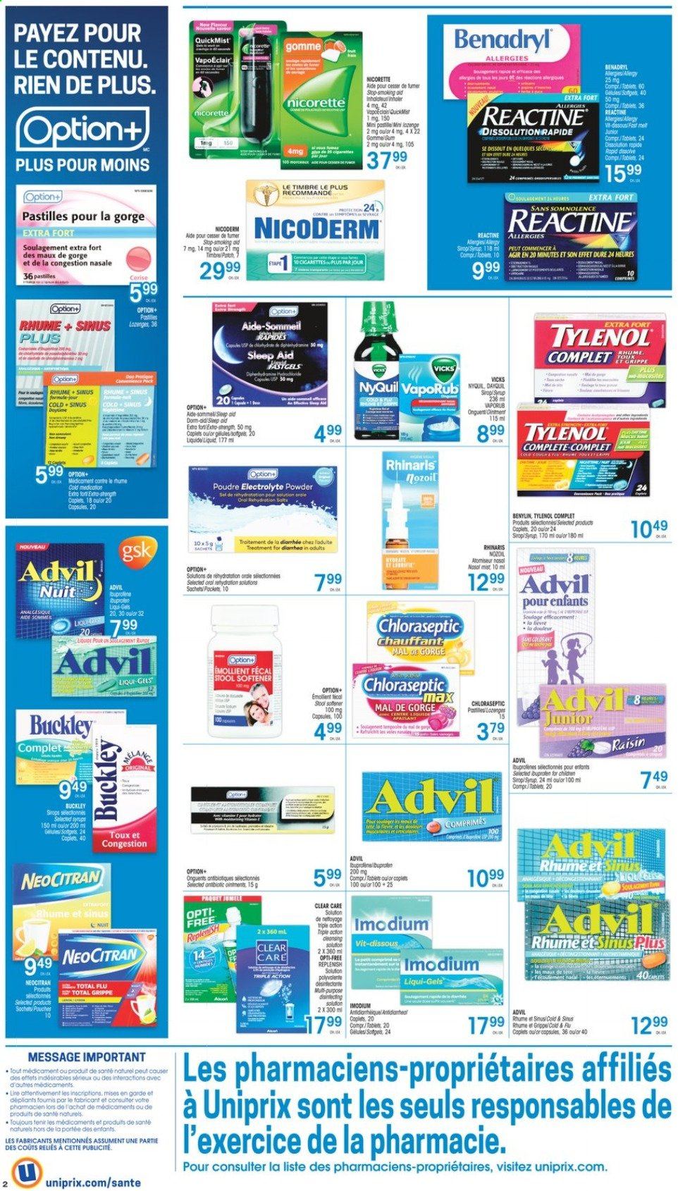 thumbnail - Uniprix Flyer - February 25, 2021 - March 03, 2021 - Sales products - pastilles, syrup, fabric softener, Vicks, Clear Care, NicoDerm, Nicorette, Tylenol, NyQuil, Advil Rapid, VapoRub, Benylin. Page 2.