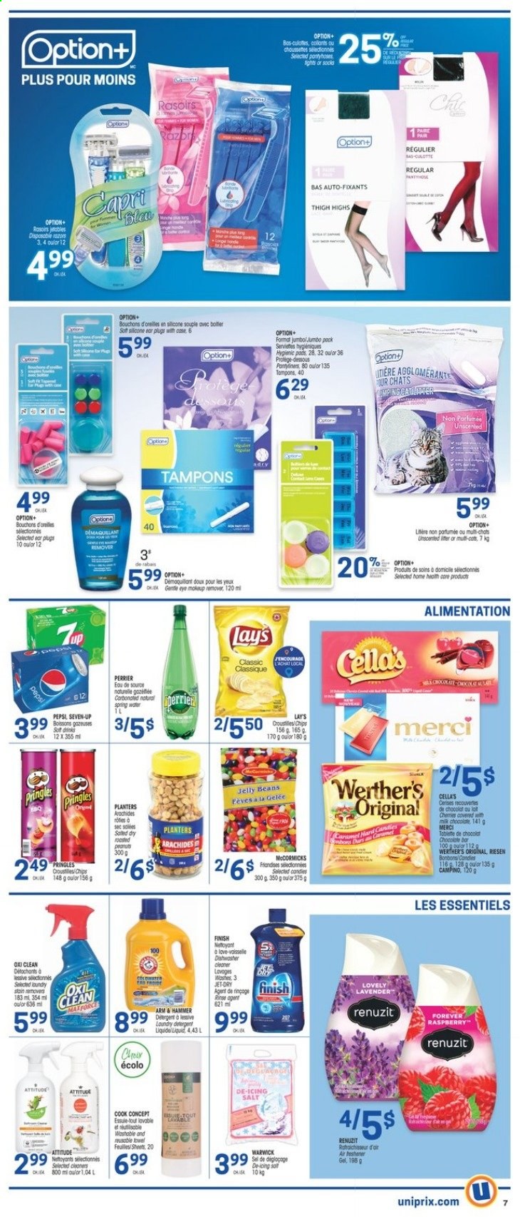 thumbnail - Uniprix Flyer - February 25, 2021 - March 03, 2021 - Sales products - Merci, jelly beans, Pringles, Lay’s, salt, roasted peanuts, peanuts, Planters, Pepsi, Perrier, spring water, tampons, razor, chips. Page 7.
