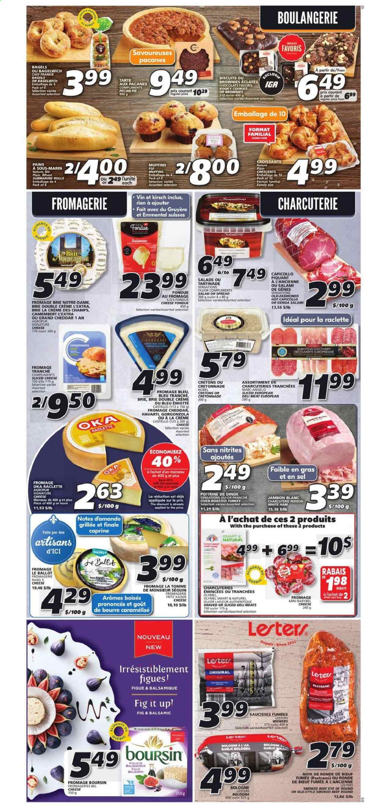 thumbnail - IGA Flyer - February 25, 2021 - March 03, 2021 - Sales products - bagels, pie, croissant, brownies, muffin, garlic, salami, ham, pastrami, Gruyere, raclette cheese, sliced cheese, Havarti, cheddar, cheese, brie, Babybel, cookies, biscuit, beef meat, eye of round, gorgonzola. Page 6.