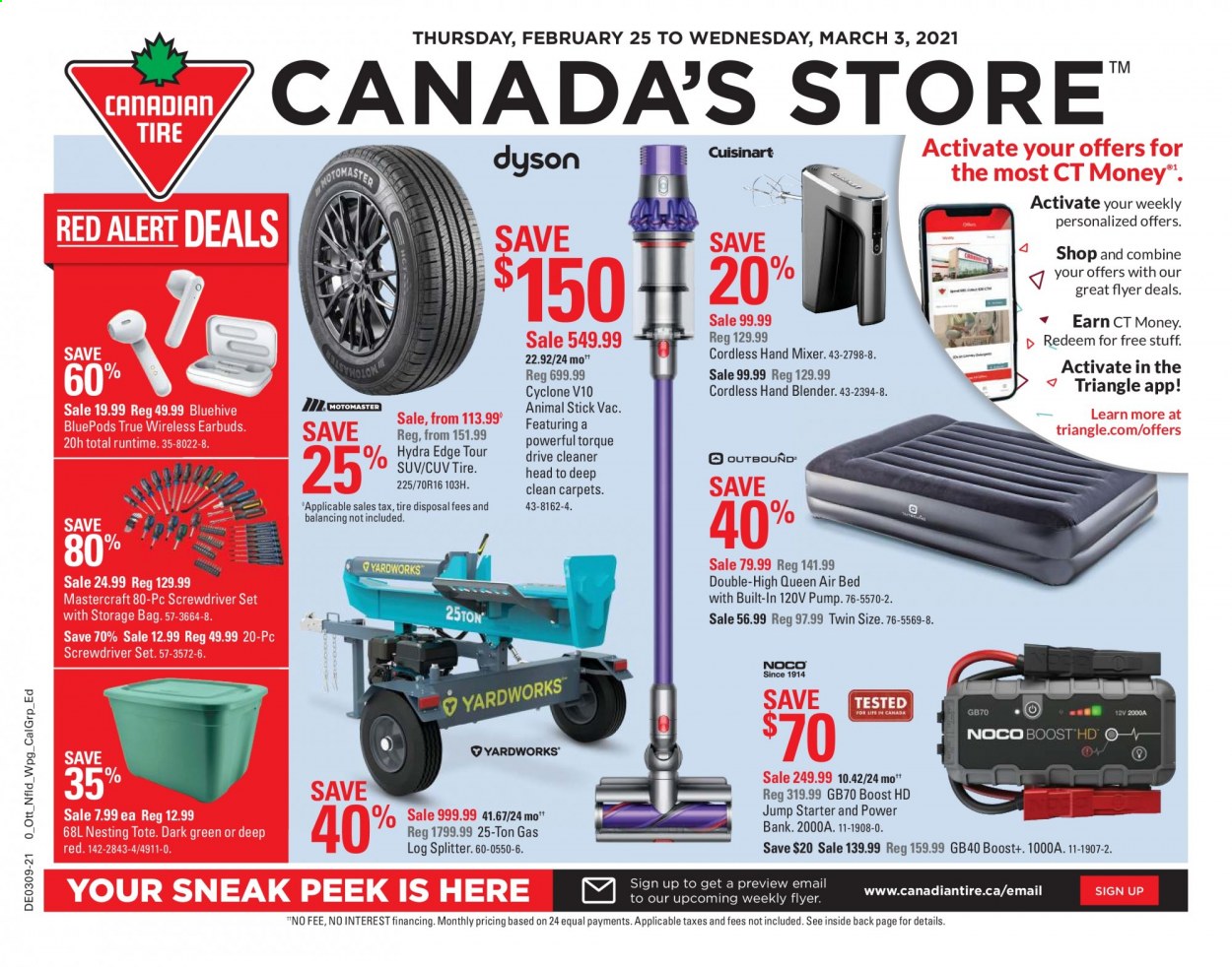 thumbnail - Canadian Tire Flyer - February 25, 2021 - March 03, 2021 - Sales products - cleaner, storage bag, mixer, hand mixer, hand blender, bed, tote, screwdriver, log splitter, screwdriver set, pump, starter. Page 1.