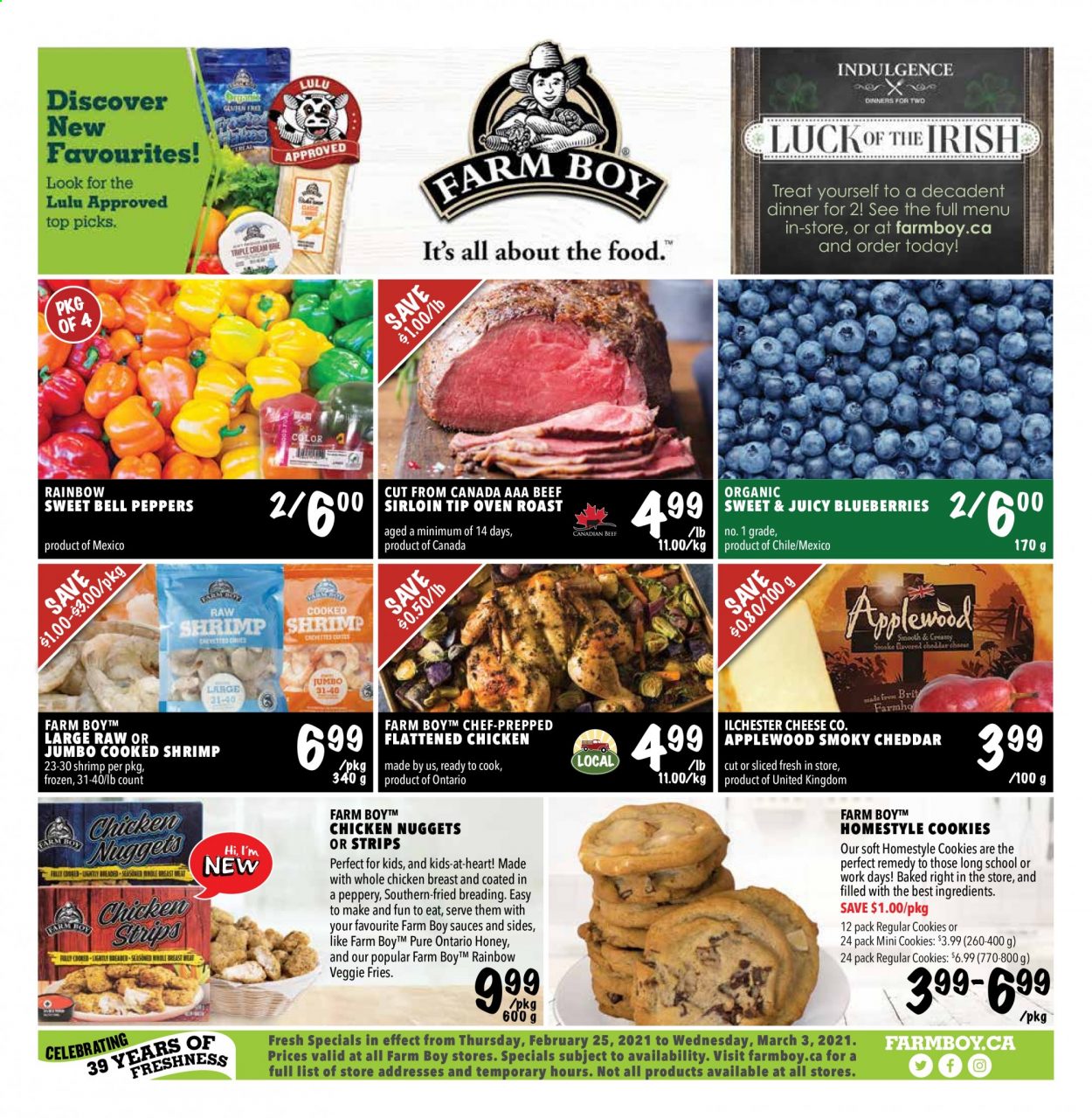 thumbnail - Farm Boy Flyer - February 25, 2021 - March 03, 2021 - Sales products - shrimps, nuggets, chicken nuggets, cheddar, cheese, veggie fries, cookies, honey, whole chicken, chicken breasts, chicken. Page 1.