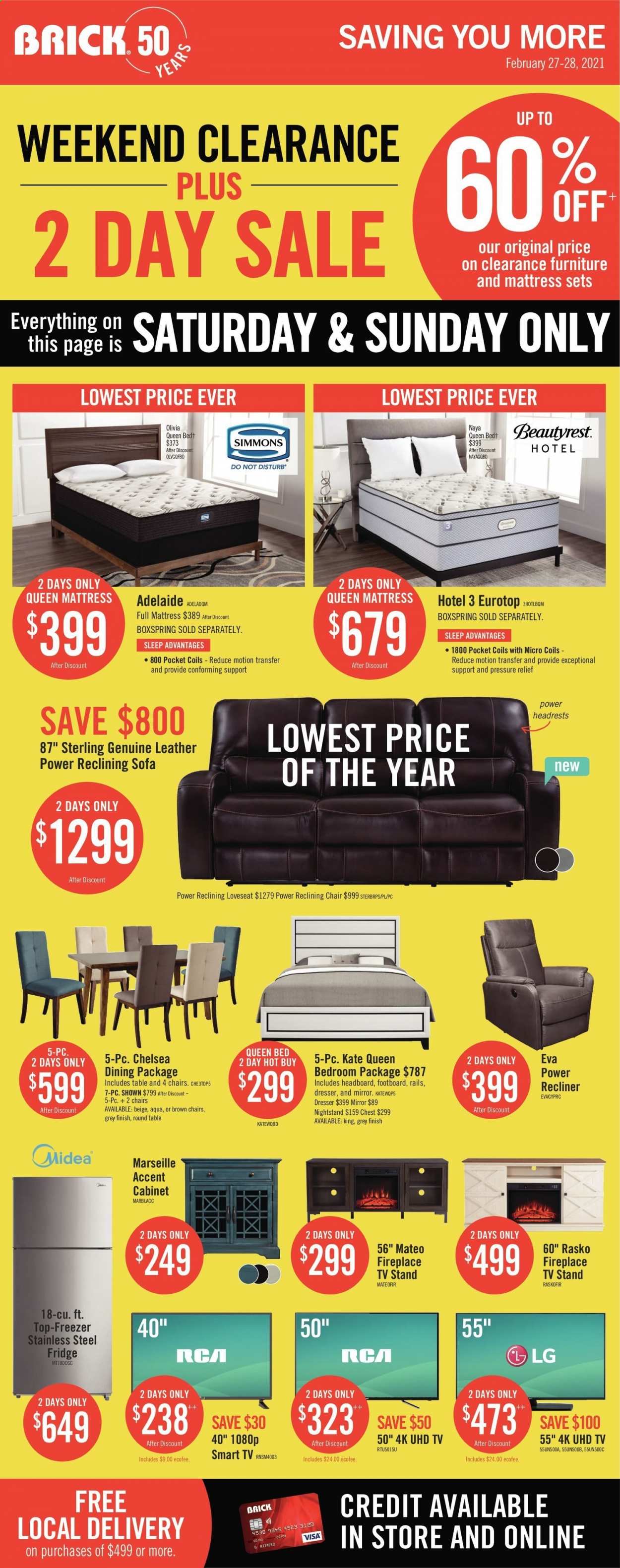 thumbnail - The Brick Flyer - February 23, 2021 - March 03, 2021 - Sales products - freezer, refrigerator, fridge, cabinet, chair, loveseat, sofa, recliner chair, TV stand, bed, queen bed, headboard, mattress, Simmons, dresser, nightstand, mirror, LG, smart tv. Page 1.