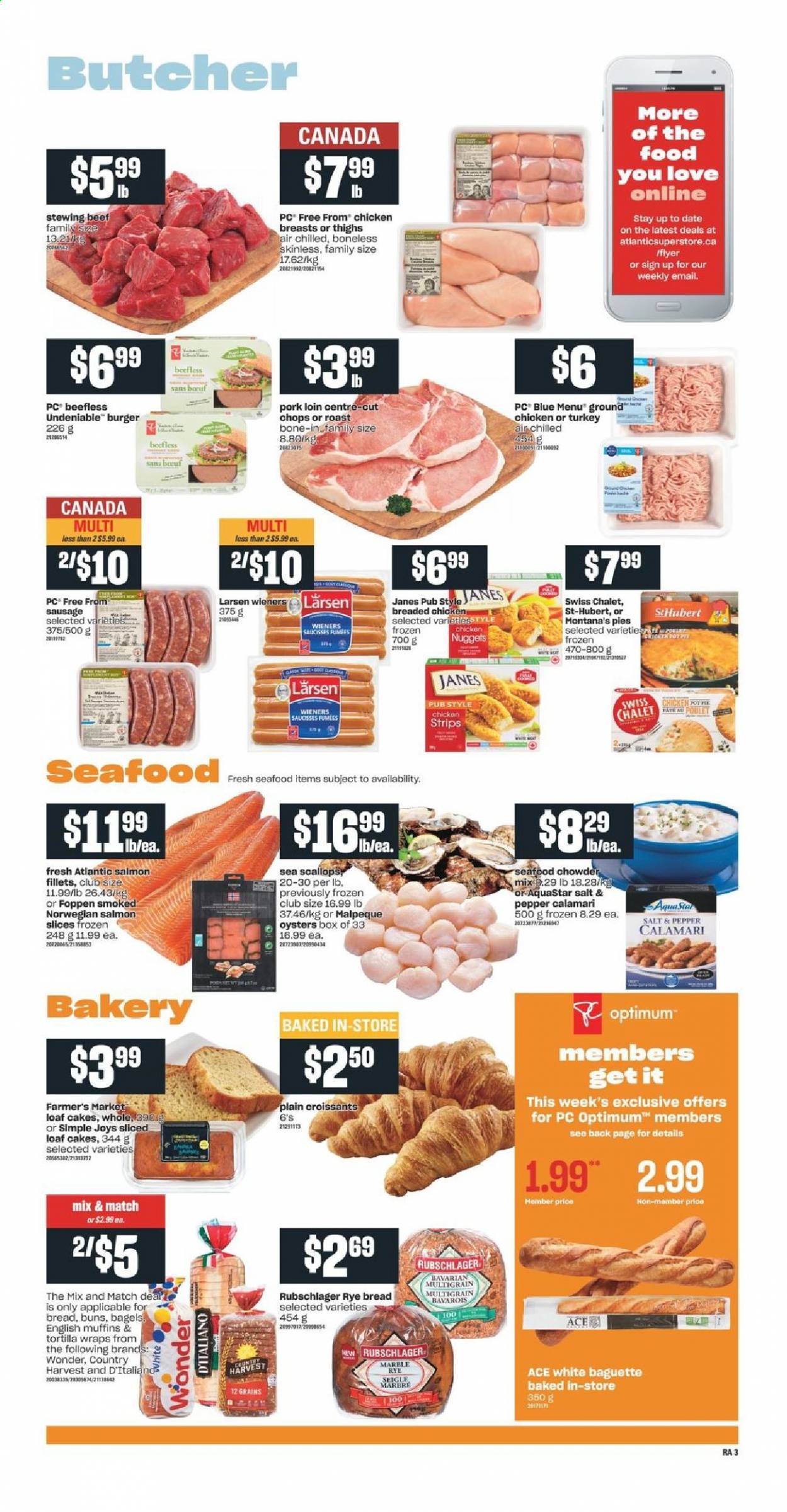 thumbnail - Atlantic Superstore Flyer - February 25, 2021 - March 03, 2021 - Sales products - bagels, english muffins, tortillas, cake, pie, croissant, buns, wraps, pot pie, calamari, salmon, salmon fillet, scallops, oysters, seafood, nuggets, hamburger, fried chicken, chicken nuggets, sausage, Country Harvest, strips, chicken strips, beef meat, stewing beef, pork loin, pork meat, Optimum, pot. Page 4.