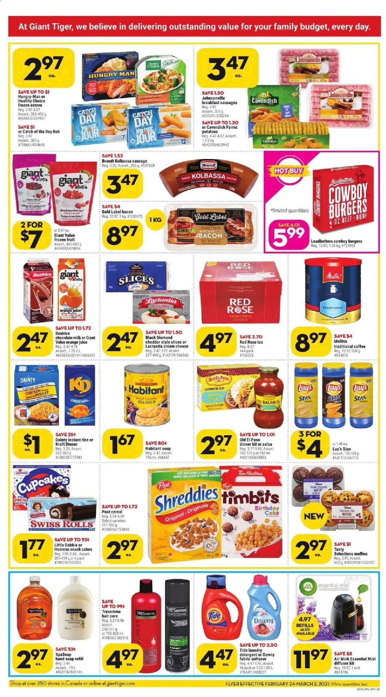 thumbnail - Giant Tiger Flyer - February 24, 2021 - March 02, 2021 - Sales products - cake, Old El Paso, cupcake, muffin, potatoes, fish, soup, hamburger, dinner kit, Healthy Choice, Kraft®, bacon, Johnsonville, sausage, cream cheese, cheddar, cheese, milk, milk chocolate, chocolate chips, snack, Lay’s, cereals, salsa, orange juice, juice, tea, coffee, rosé wine, Tide, fabric softener, laundry detergent, Downy Laundry, hand soap, soap, TRESemmé, diffuser, Air Wick, rose. Page 2.