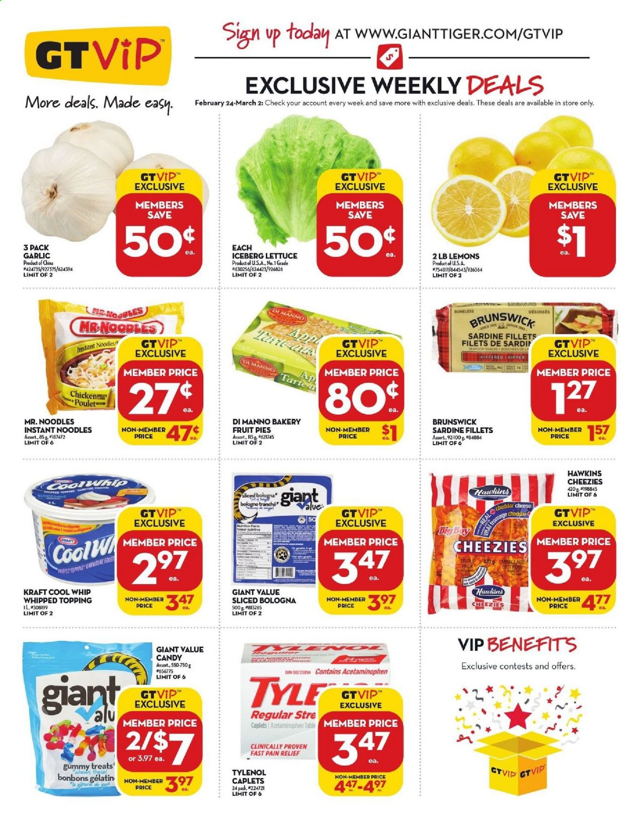 thumbnail - Giant Tiger Flyer - February 24, 2021 - March 02, 2021 - Sales products - garlic, lettuce, lemons, seafood, instant noodles, noodles, Kraft®, bologna sausage, cheddar, cheese, Cool Whip, snack, chewing gum, topping, gelatin, table, pain relief, Tylenol. Page 3.