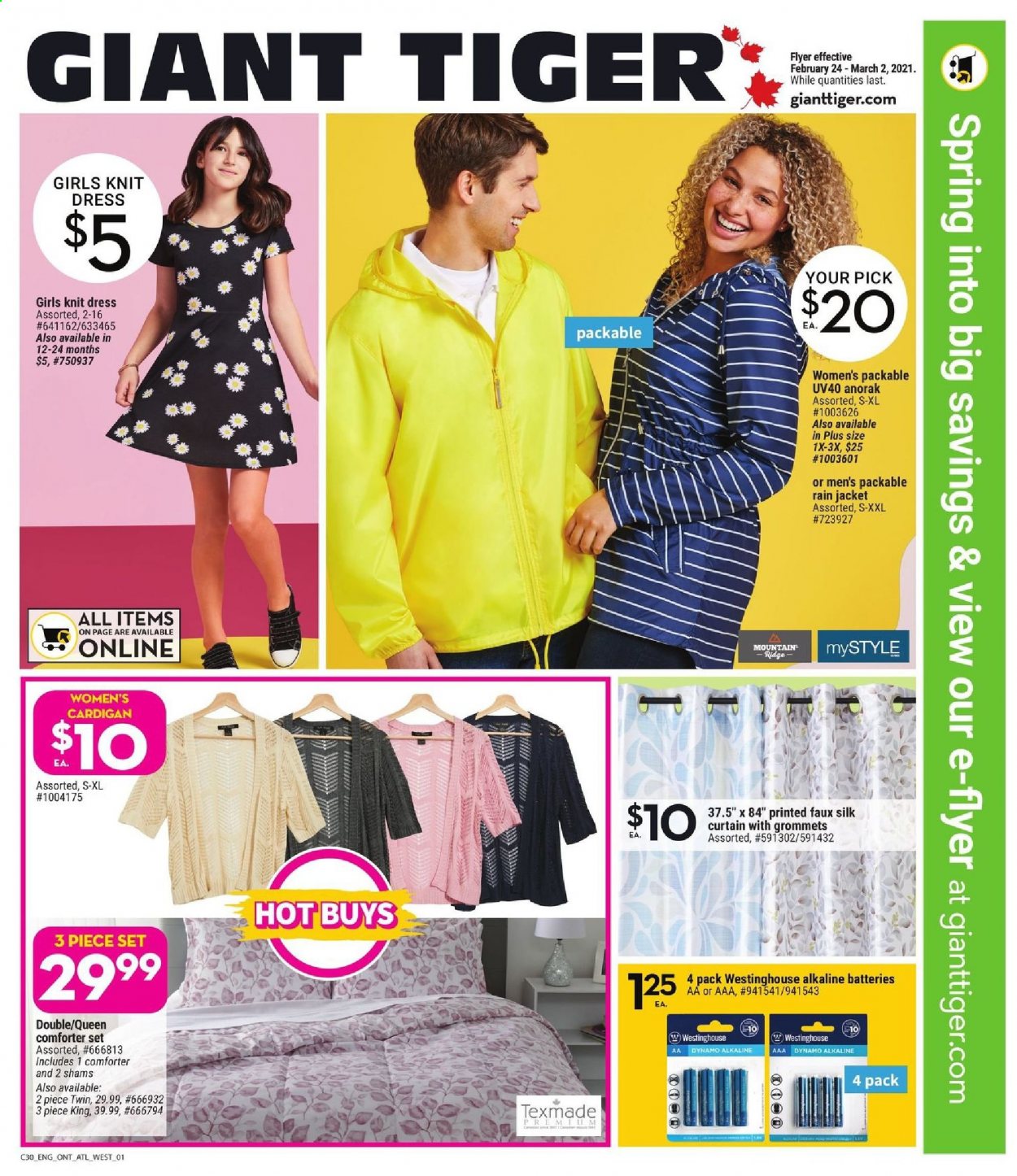 thumbnail - Giant Tiger Flyer - February 24, 2021 - March 02, 2021 - Sales products - Silk, alkaline batteries, comforter, curtain, jacket, dress. Page 4.