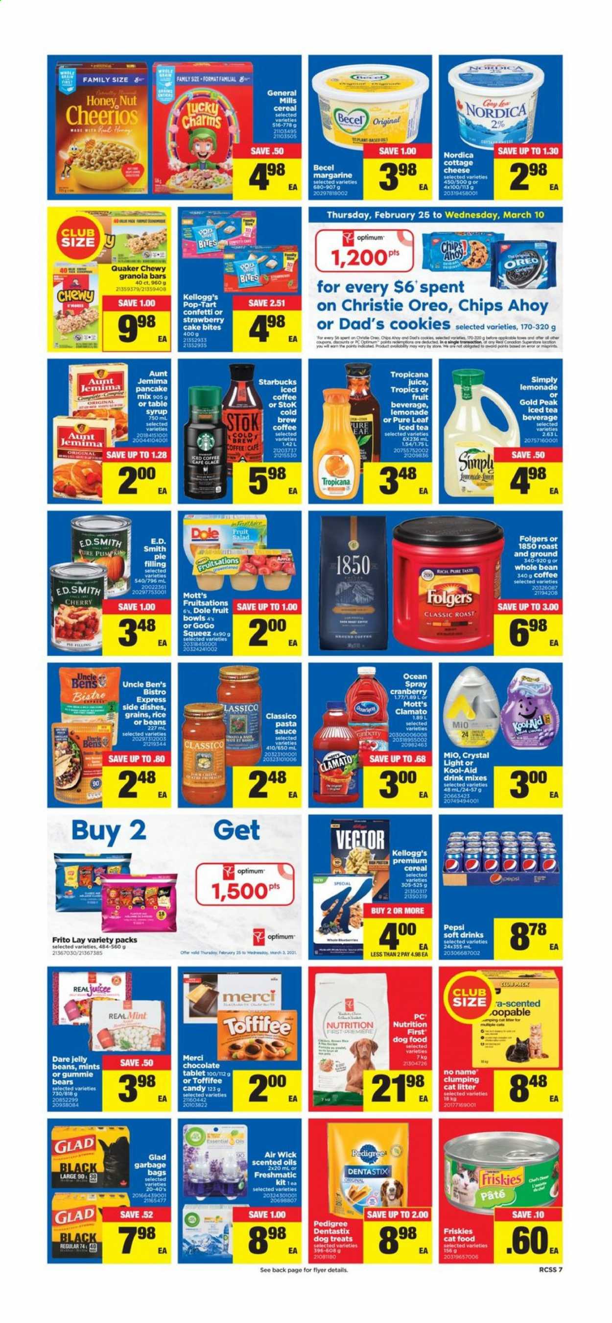 thumbnail - Circulaire Real Canadian Superstore - 25 Février 2021 - 03 Mars 2021 - Produits soldés - Oreo, margarine, granola, cookies, chips, Pepsi, café, Starbucks, table, Friskies, glace, Kellogg's, Pedigree, Tropicana, Air Wick, Apple, Candy. Page 7.