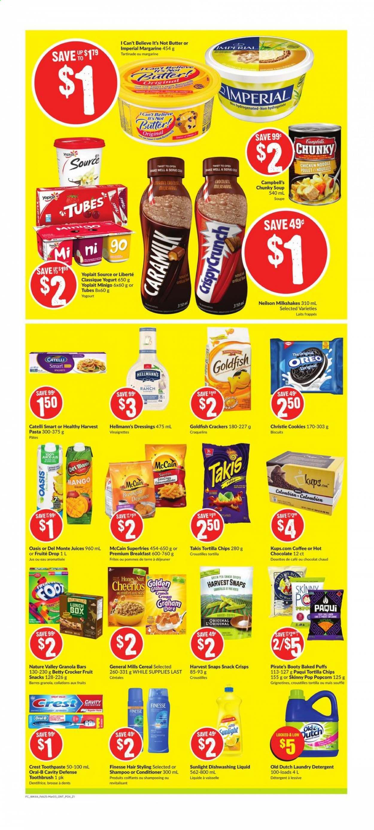 thumbnail - FreshCo. Flyer - February 25, 2021 - March 03, 2021 - Sales products - puffs, mango, Campbell's, soup, pasta, noodles, Harvest Pasta, Oreo, yoghurt, Yoplait, milkshake, shake, butter, margarine, I Can't Believe It's Not Butter, Hellmann’s, McCain, potato fries, cookies, crackers, biscuit, fruit snack, tortilla chips, popcorn, Goldfish, Skinny Pop, Harvest Snaps, cereals, Cheerios, granola bar, Nature Valley, juice, hot chocolate, coffee, Illy, shampoo, Oral-B, chips. Page 4.