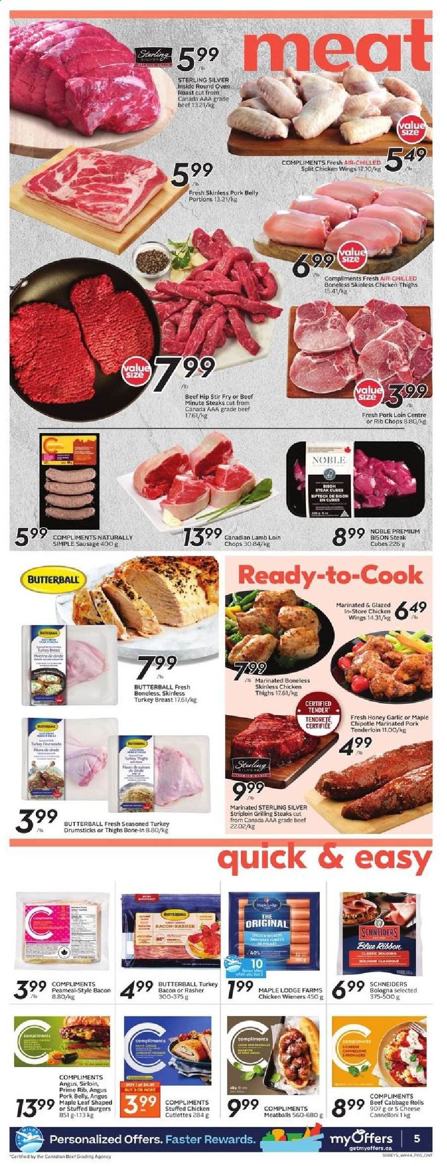 thumbnail - Sobeys Flyer - February 25, 2021 - March 03, 2021 - Sales products - Blue Ribbon, cabbage, garlic, meatballs, hamburger, stuffed chicken, bacon, Butterball, turkey bacon, bologna sausage, sausage, cheese, chicken wings, honey, turkey breast, chicken thighs, chicken, turkey, turkey drumsticks, bison meat, pork belly, pork loin, pork meat, pork tenderloin, marinated pork, rib chops, lamb loin, lamb meat, steak. Page 5.