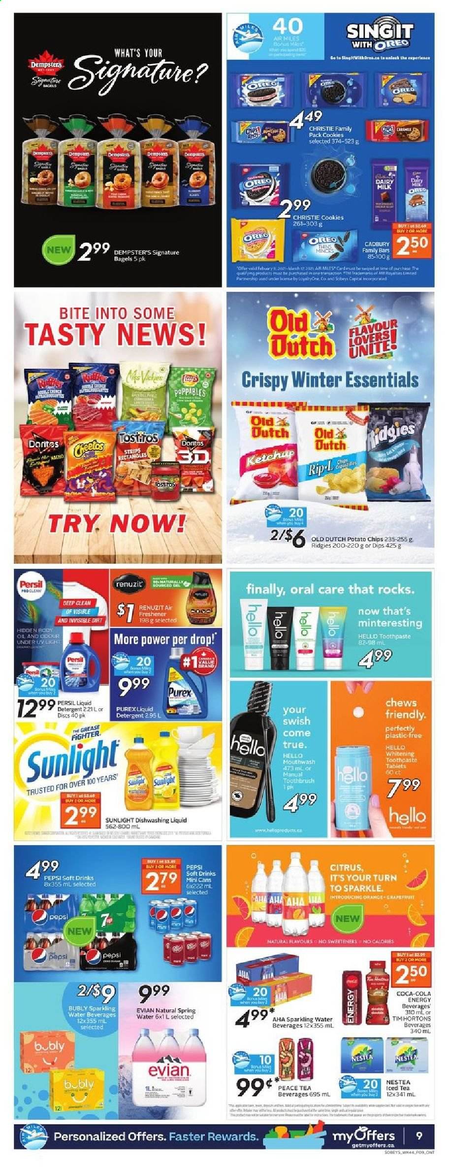 thumbnail - Sobeys Flyer - February 25, 2021 - March 03, 2021 - Sales products - bagels, Oreo, strips, cookies, chewing gum, Cadbury, Dairy Milk, Doritos, potato chips, Coca-Cola, Pepsi, ice tea, soft drink, spring water, sparkling water, Evian, Persil, liquid detergent, Sunlight, Purex, dishwashing liquid, toothbrush, toothpaste, mouthwash, body oil, chips. Page 10.