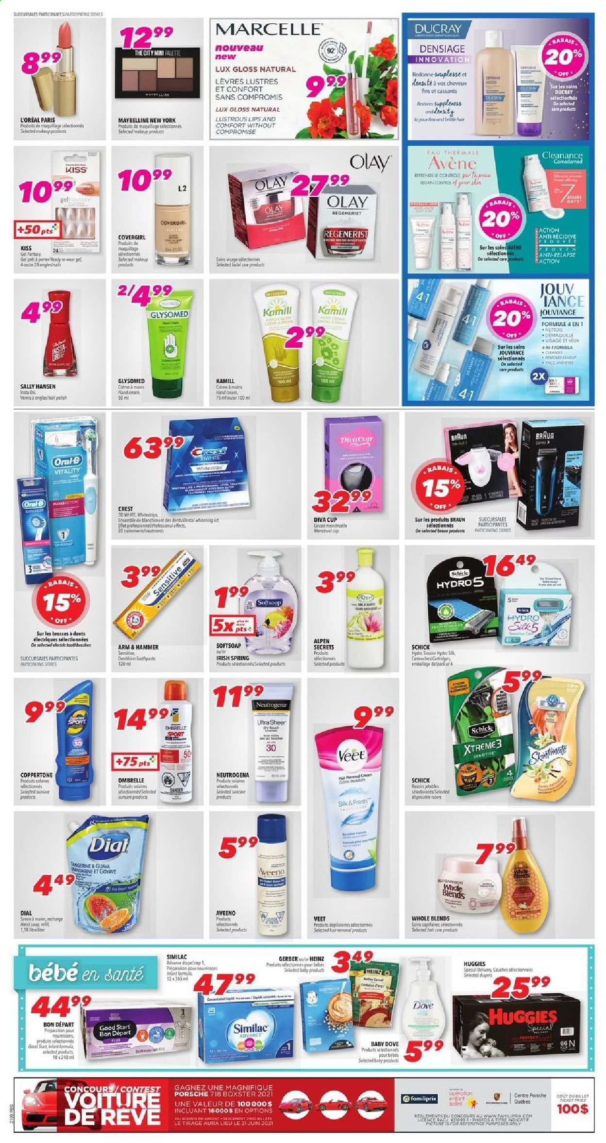 thumbnail - Familiprix Flyer - February 25, 2021 - March 03, 2021 - Sales products - Gerber, ARM & HAMMER, Heinz, nappies, Aveeno, Lux, Softsoap, Dial, Crest, L’Oréal, Olay, Schick, hair removal, Veet, polish, makeup, Maybelline, Neutrogena, Sally Hansen, Huggies, Palette, Oral-B. Page 2.