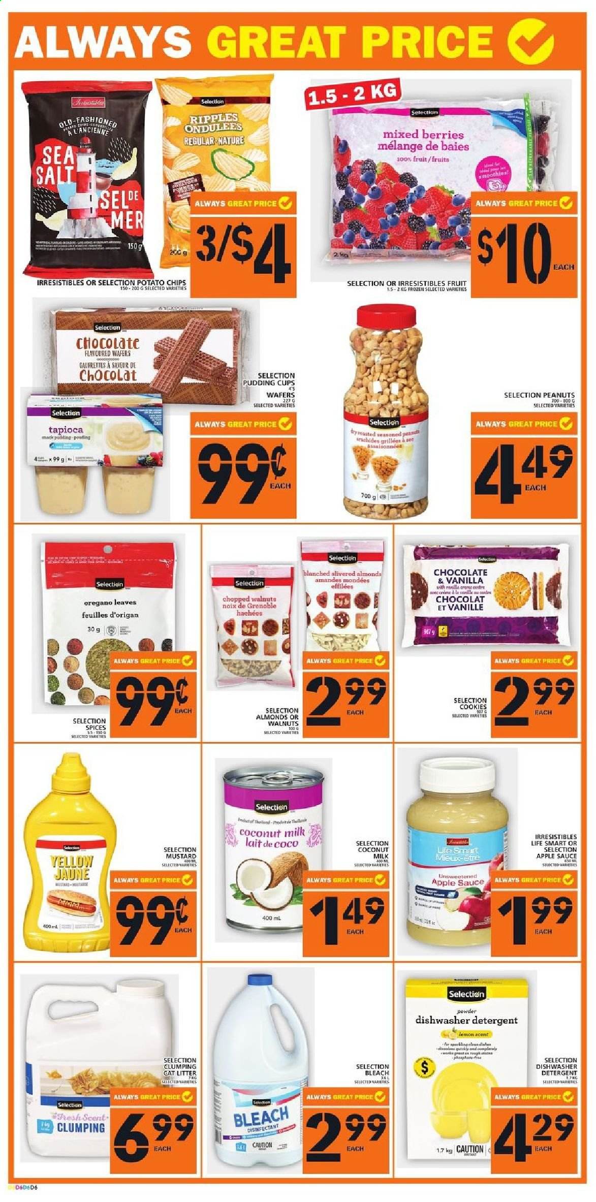 thumbnail - Food Basics Flyer - February 25, 2021 - March 03, 2021 - Sales products - sauce, pudding, cookies, wafers, potato chips, coconut milk, mustard, apple sauce, almonds, walnuts, peanuts, bleach, Rin, cup, cat litter, desinfection. Page 6.