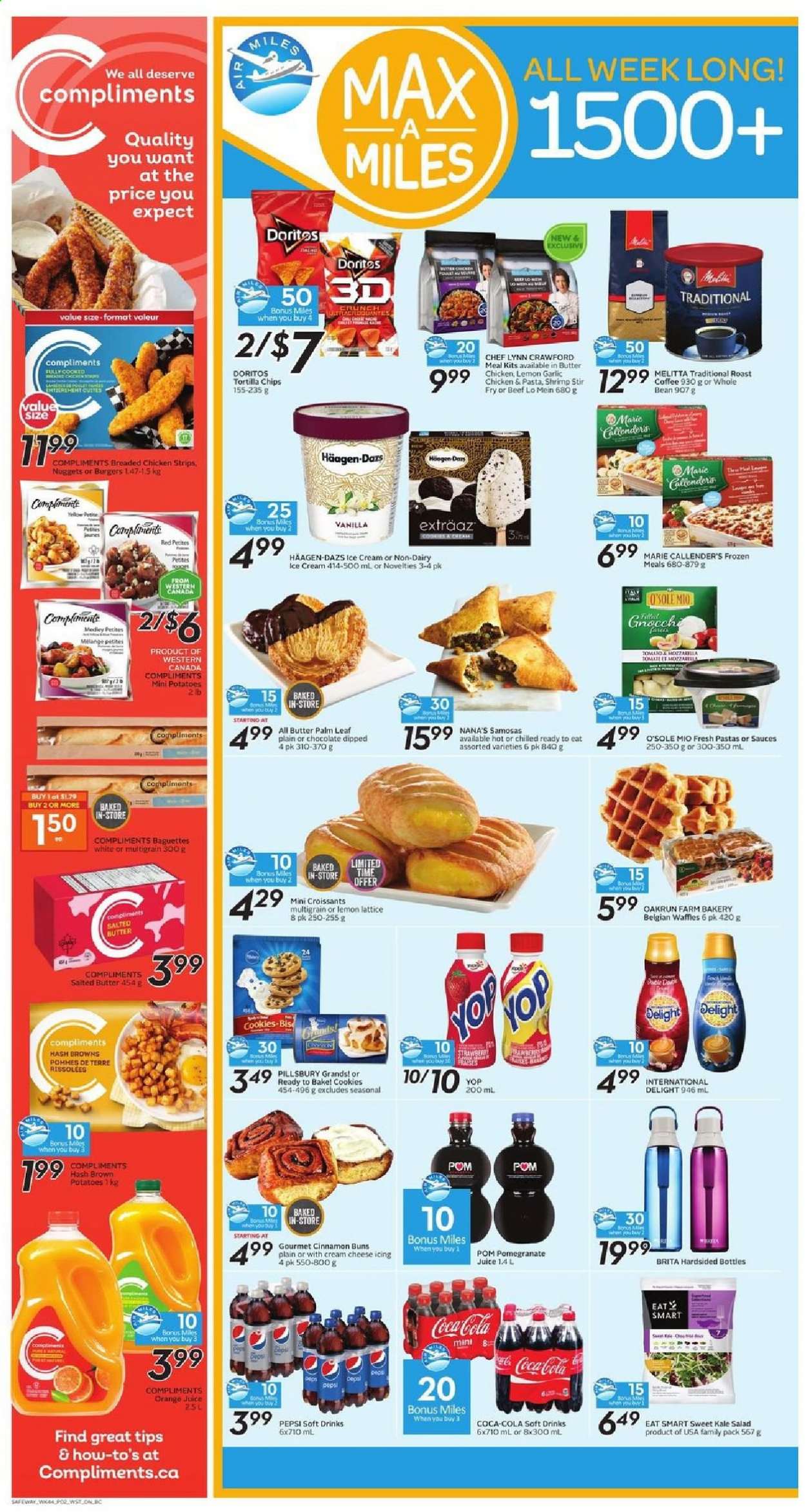thumbnail - Safeway Flyer - February 25, 2021 - March 03, 2021 - Sales products - croissant, buns, garlic, kale, potatoes, salad, pomegranate, shrimps, nuggets, pasta, fried chicken, Pillsbury, Marie Callender's, cheese, salted butter, ice cream, Häagen-Dazs, strips, chicken strips, hash browns, cookies, Doritos, tortilla chips, cinnamon, Coca-Cola, Pepsi, orange juice, juice, soft drink, coffee, Nana. Page 2.