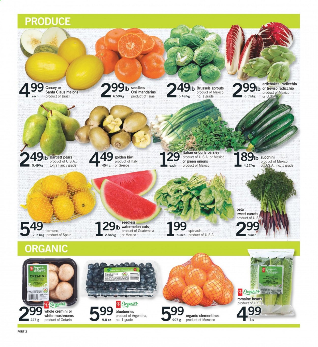 thumbnail - Fortinos Flyer - February 25, 2021 - March 03, 2021 - Sales products - mushrooms, artichoke, carrots, spinach, zucchini, parsley, lettuce, radicchio, brussel sprouts, green onion, blueberries, clementines, mandarines, watermelon, melons, lemons, Santa, bag, BETA, Santa Claus, kiwi. Page 2.