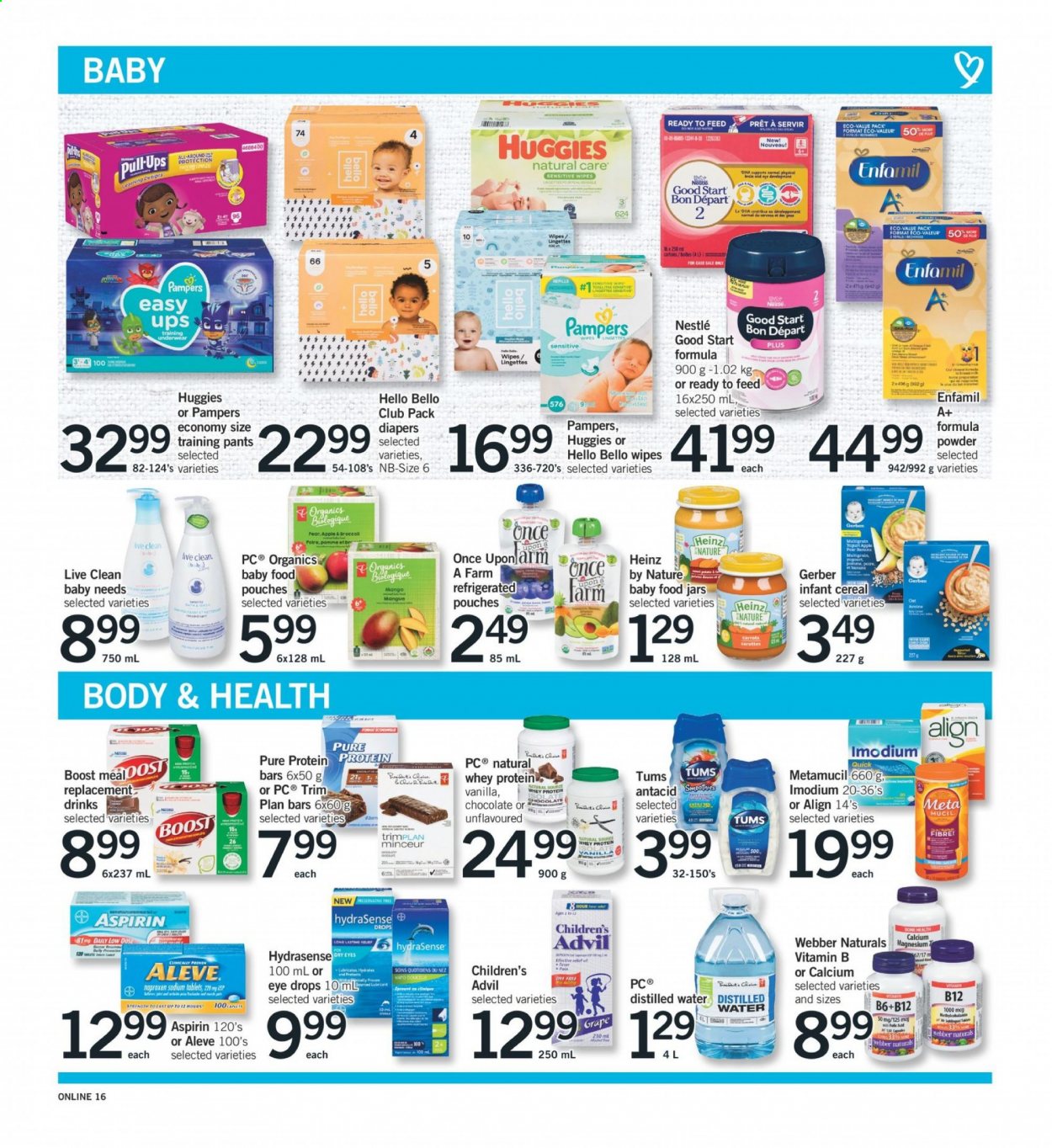 thumbnail - Fortinos Flyer - February 25, 2021 - March 03, 2021 - Sales products - Apple, carrots, apples, mango, yoghurt, chocolate, Gerber, oats, Heinz, cereals, protein bar, Boost, Enfamil, wipes, pants, nappies, baby pants, jar, underwear, distilled water, Aleve, eye drops, Advil Rapid, whey protein, Antacid, Low Dose, aspirin, Metamucil, Nestlé, Huggies, Pampers. Page 15.