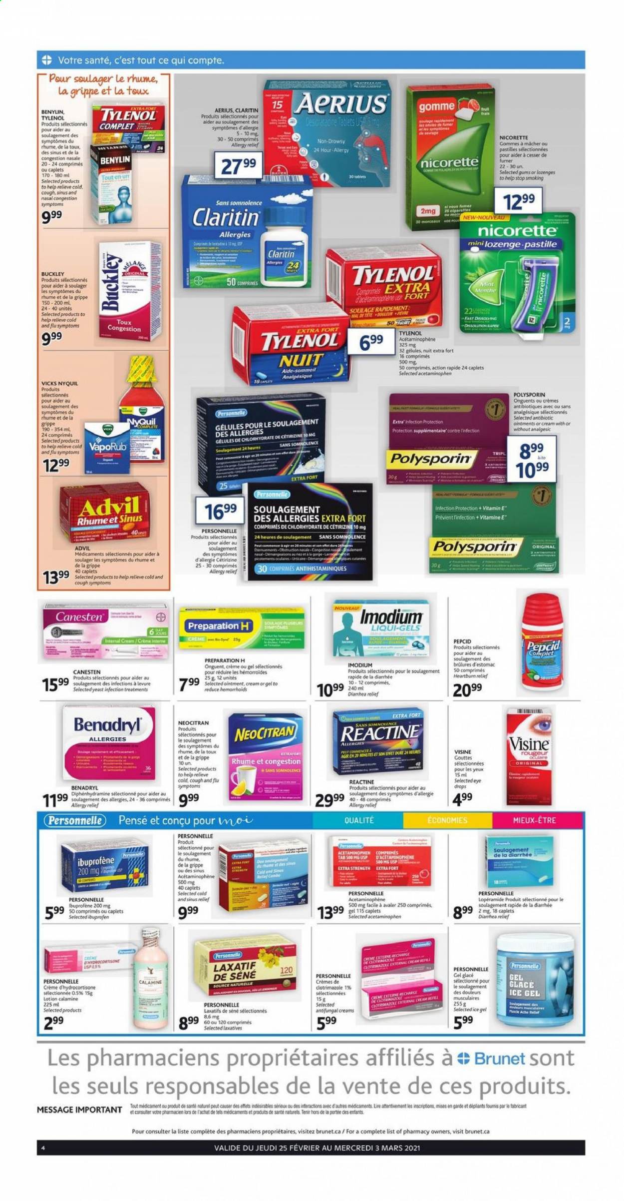thumbnail - Brunet Flyer - February 25, 2021 - March 03, 2021 - Sales products - ointment, body lotion, Vicks, Nicorette, Tylenol, Ibuprofen, Pepcid, NyQuil, eye drops, Advil Rapid, VapoRub, Benylin, allergy relief. Page 2.