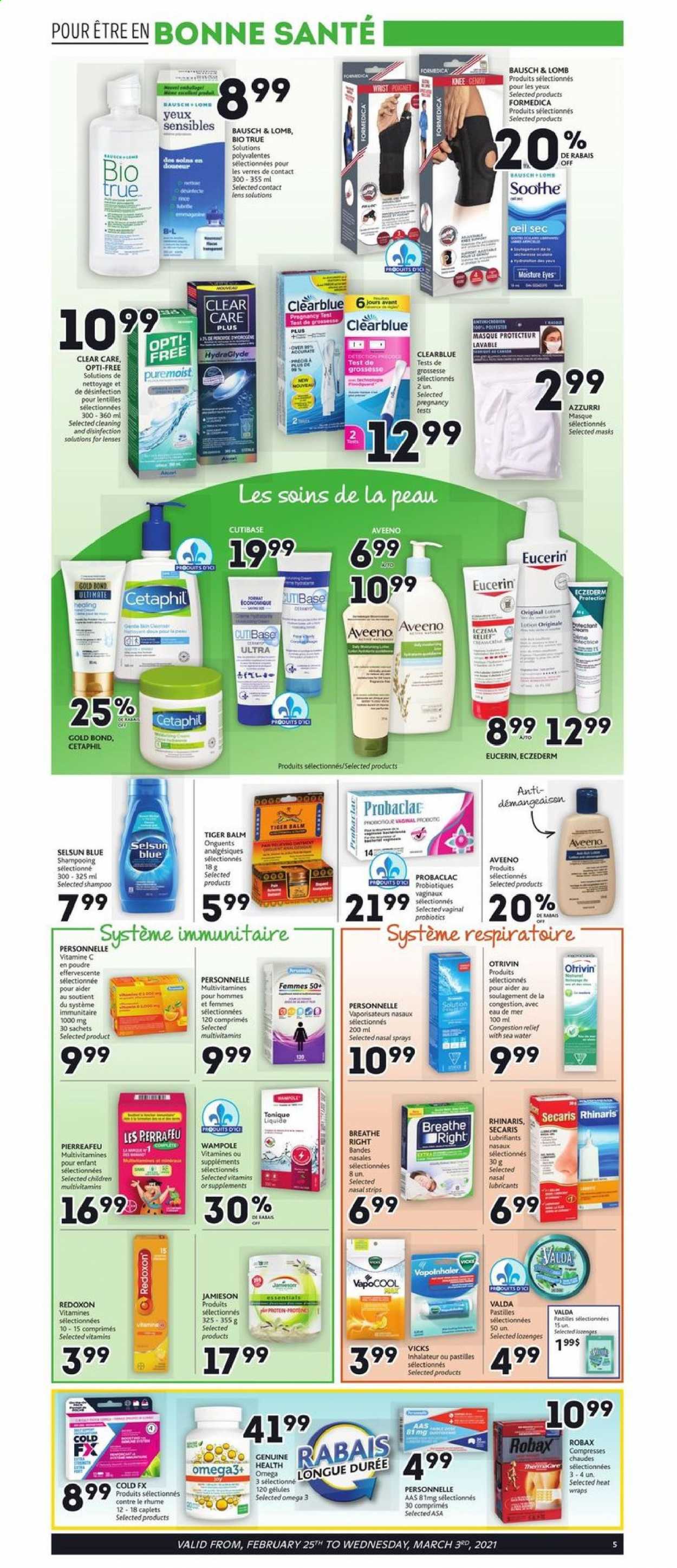 thumbnail - Brunet Flyer - February 25, 2021 - March 03, 2021 - Sales products - Aveeno, Mum, Vicks, Clear Care, multivitamin, probiotics, Omega-3, Biotrue, lenses, Eucerin, desinfection. Page 3.