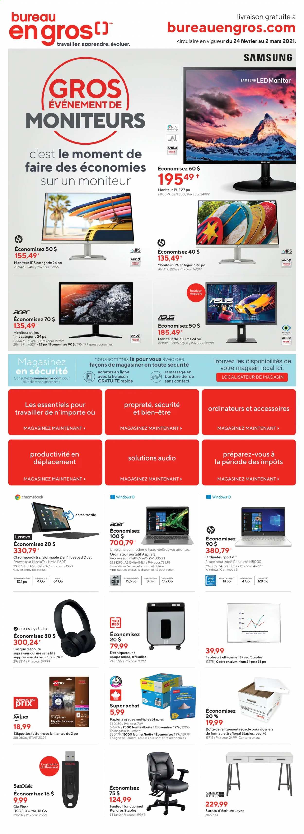 thumbnail - Bureau en Gros Flyer - February 24, 2021 - March 02, 2021 - Sales products - Intel, Acer, Hewlett Packard, Samsung, Sandisk, chromebook, Lenovo, monitor. Page 1.