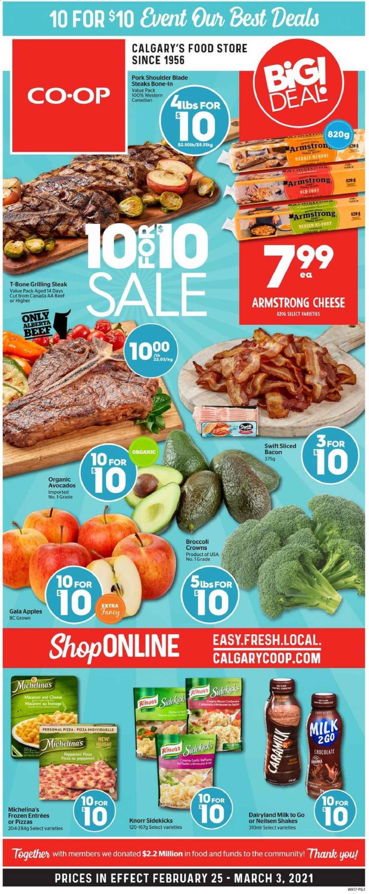 thumbnail - Calgary Co-op Flyer - February 25, 2021 - March 03, 2021 - Sales products - garlic, apples, avocado, Gala, macaroni & cheese, pizza, bacon, pepperoni, milk, shake, chocolate, beef meat, t-bone steak, pork meat, pork shoulder, Knorr, steak. Page 1.