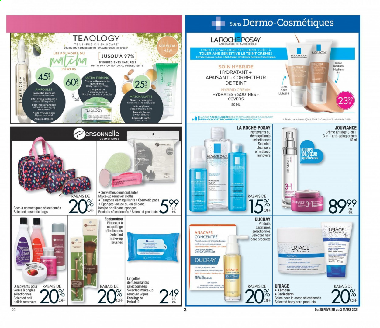 thumbnail - Jean Coutu Flyer - February 25, 2021 - March 03, 2021 - Sales products - Mars, Ace, matcha, tea, wipes, tampons, La Roche-Posay, micellar water, body lotion, shea butter, hand cream, cosmetic bag, polish, makeup, zinc. Page 3.
