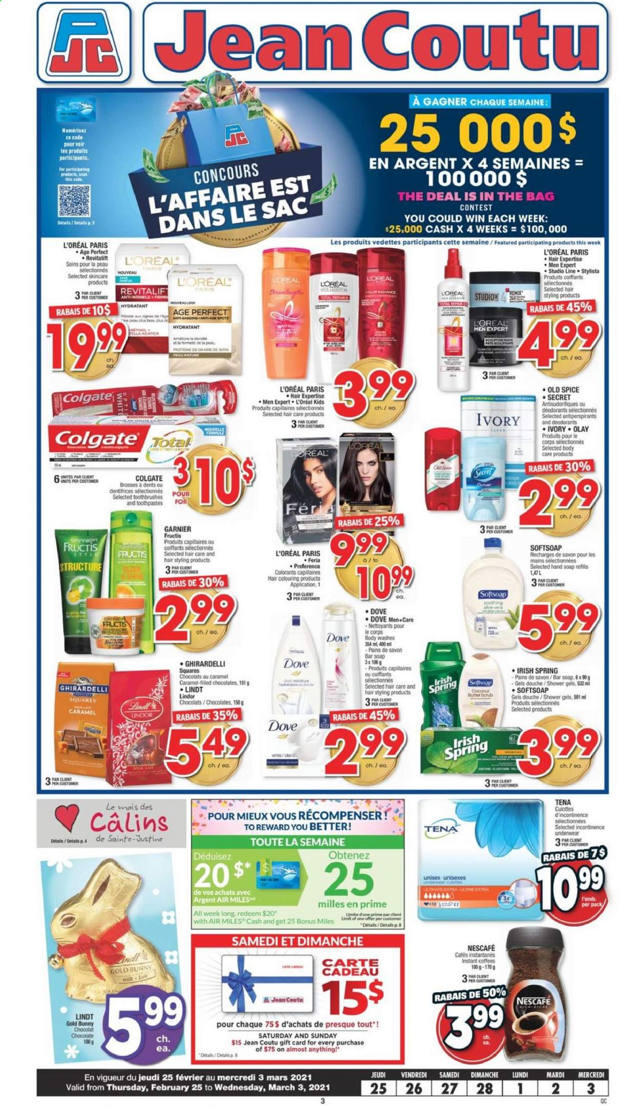 thumbnail - Jean Coutu Flyer - February 25, 2021 - March 03, 2021 - Sales products - chocolate, Mars, Ghirardelli, spice, Softsoap, hand soap, soap bar, soap, incontinence underwear, L’Oréal, Olay, L’Oréal Men, Fructis, Garnier, Old Spice, Nescafé, deodorant. Page 1.