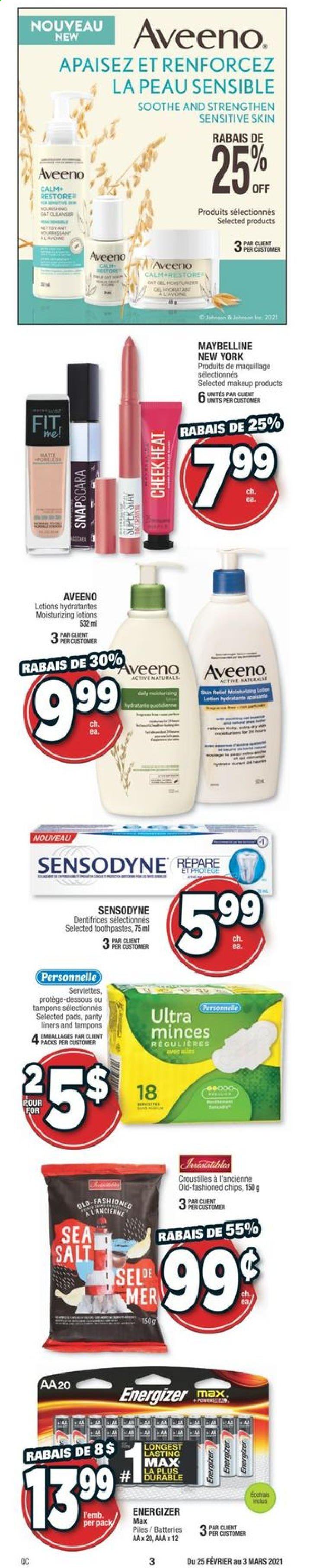 thumbnail - Jean Coutu Flyer - February 25, 2021 - March 03, 2021 - Sales products - Mars, Aveeno, tampons, makeup, Snapscara, battery, Maybelline, chips, Sensodyne. Page 11.