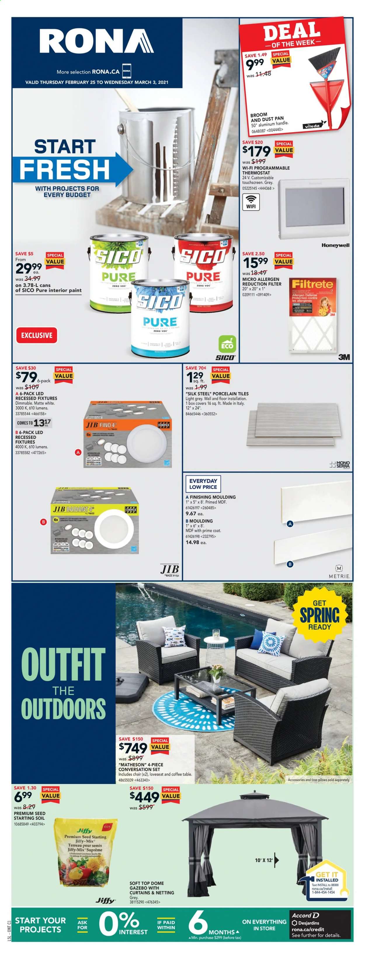thumbnail - RONA Flyer - February 25, 2021 - March 03, 2021 - Sales products - Vileda, Honeywell, Filtrete, table, chair, loveseat, coffee table, paint, moulding, gazebo, plant seeds, Jiffy. Page 1.