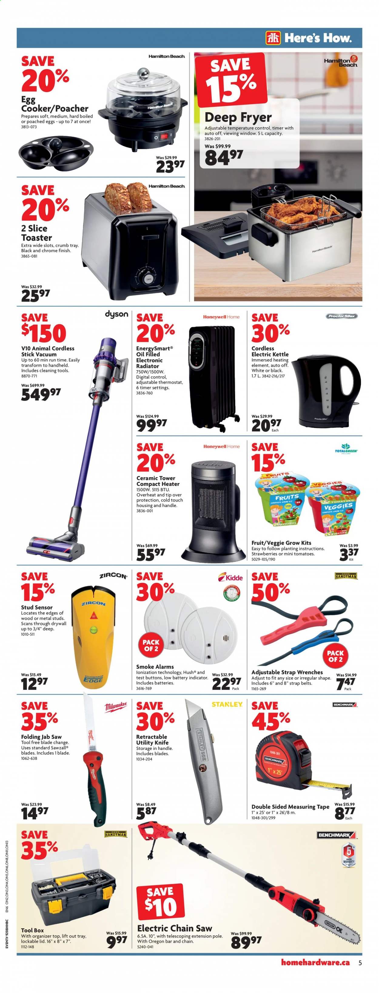 thumbnail - Home Hardware Building Centre Flyer - February 25, 2021 - March 03, 2021 - Sales products - deep fryer, kettle, Honeywell, Stanley, heater, Milwaukee, chain saw, saw, tool box, measuring tape, utility knife, strap, toaster, Dyson. Page 6.