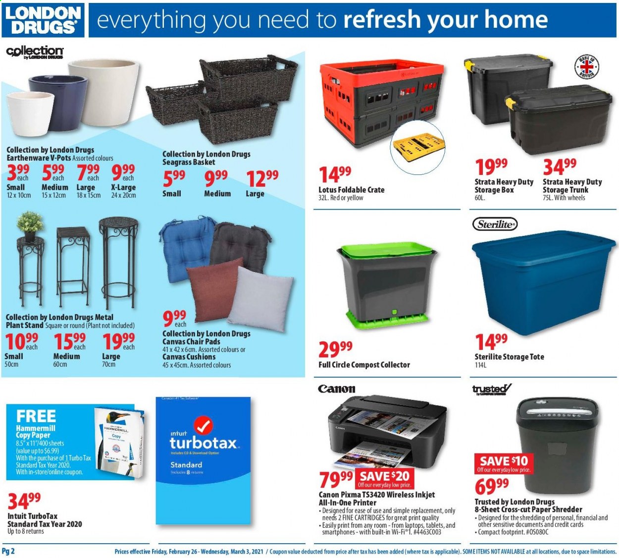 thumbnail - London Drugs Flyer - February 26, 2021 - March 03, 2021 - Sales products - Lotus, pot, crate, paper shredder, chair pad, cushion, laptop, all-in-one printer, printer, shredder, chair, compost. Page 2.