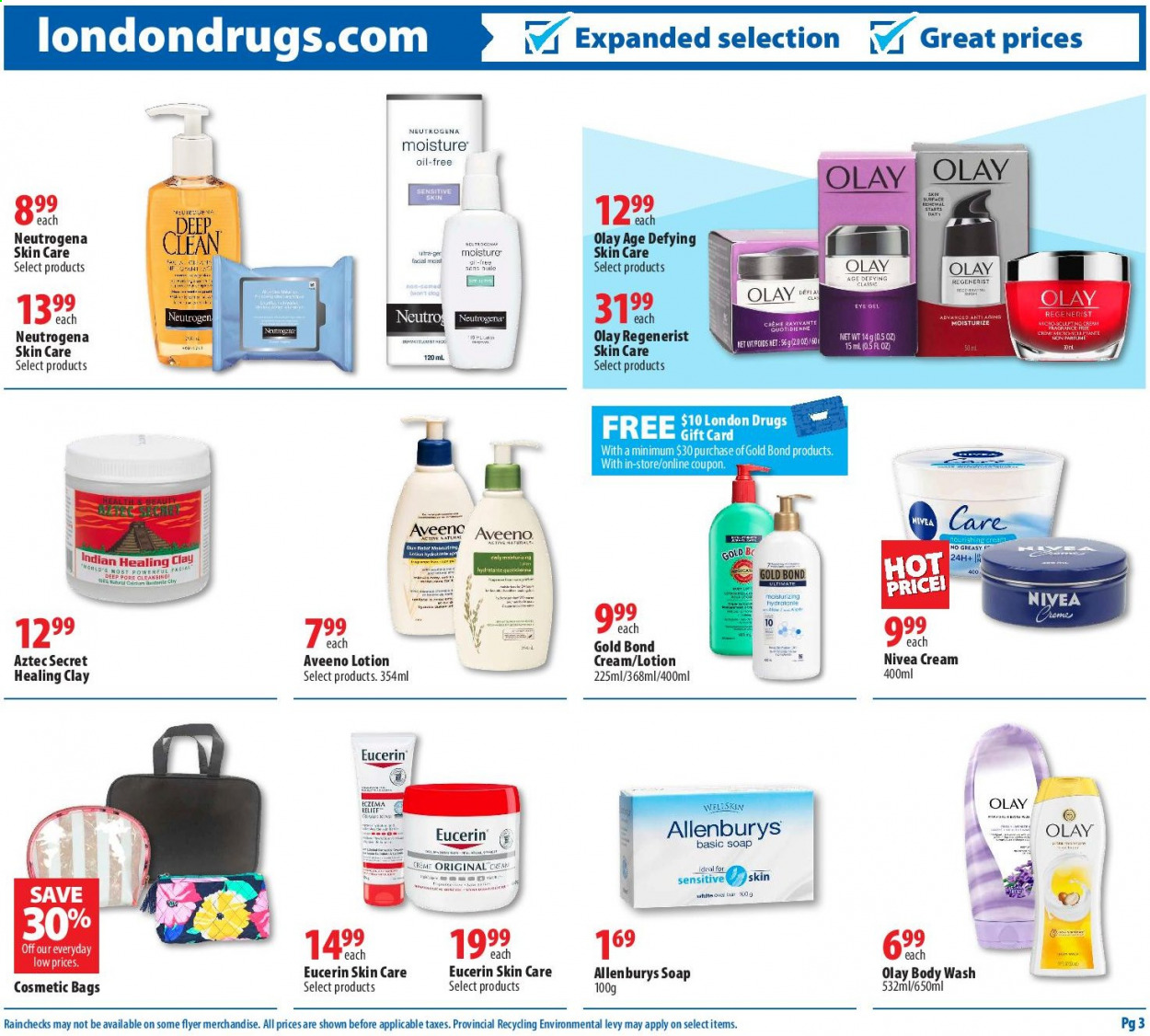 thumbnail - London Drugs Flyer - February 26, 2021 - March 03, 2021 - Sales products - Aveeno, body wash, soap, Olay, body lotion, cosmetic bag, Eucerin, Neutrogena, Nivea. Page 3.