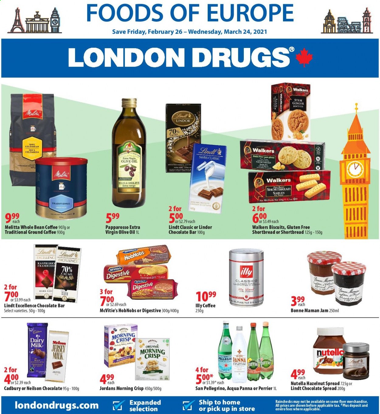 thumbnail - London Drugs Flyer - February 26, 2021 - March 24, 2021 - Sales products - biscuit, Cadbury, Dairy Milk, Digestive, chocolate bar, ginger, Classico, extra virgin olive oil, olive oil, oil, fruit jam, hazelnut spread, Perrier, San Pellegrino, coffee, ground coffee, Illy, Nutella. Page 1.