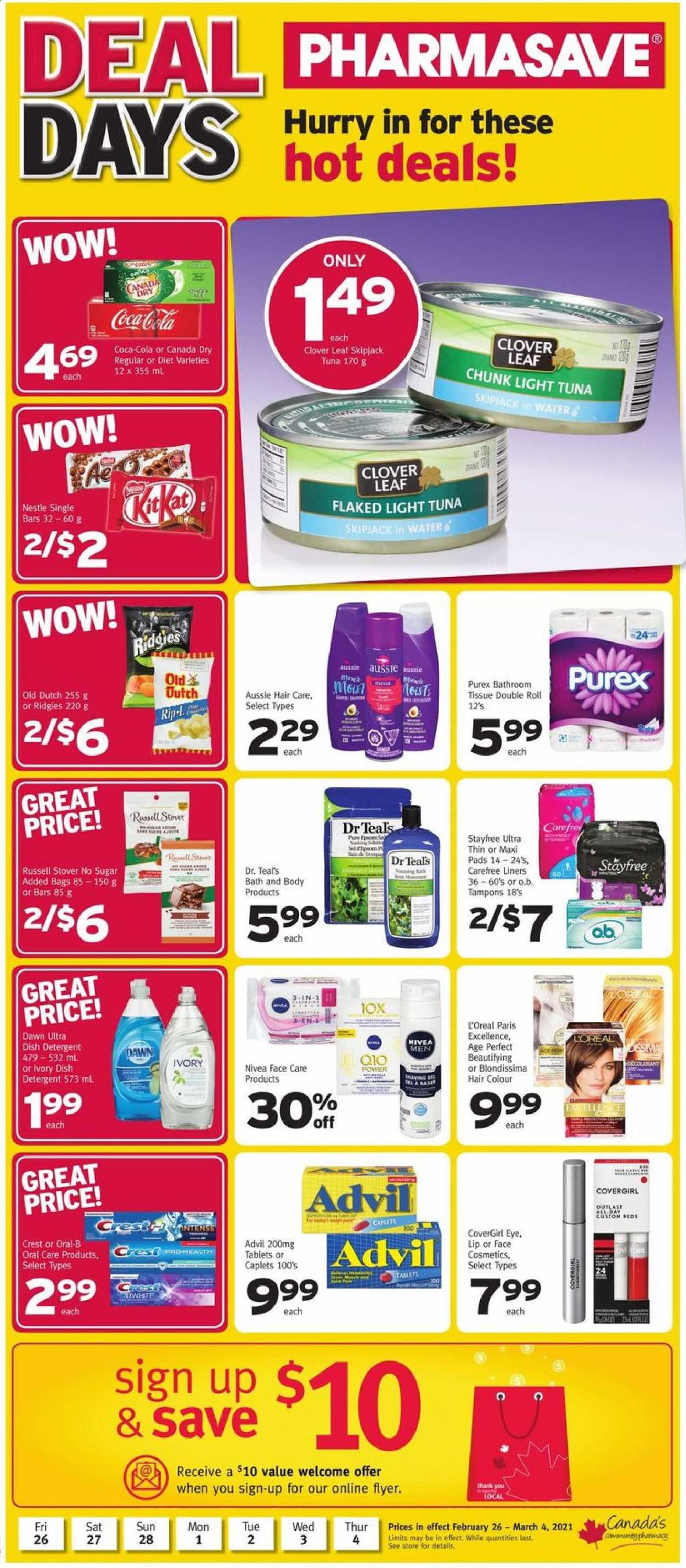 thumbnail - Pharmasave Flyer - February 26, 2021 - March 04, 2021 - Sales products - tuna, Clover, light tuna, Canada Dry, Coca-Cola, bath tissue, Purex, Crest, Stayfree, sanitary pads, Carefree, tampons, L’Oréal, Aussie, hair color, pin, Advil Rapid, Nestlé, Nivea, Oral-B. Page 1.