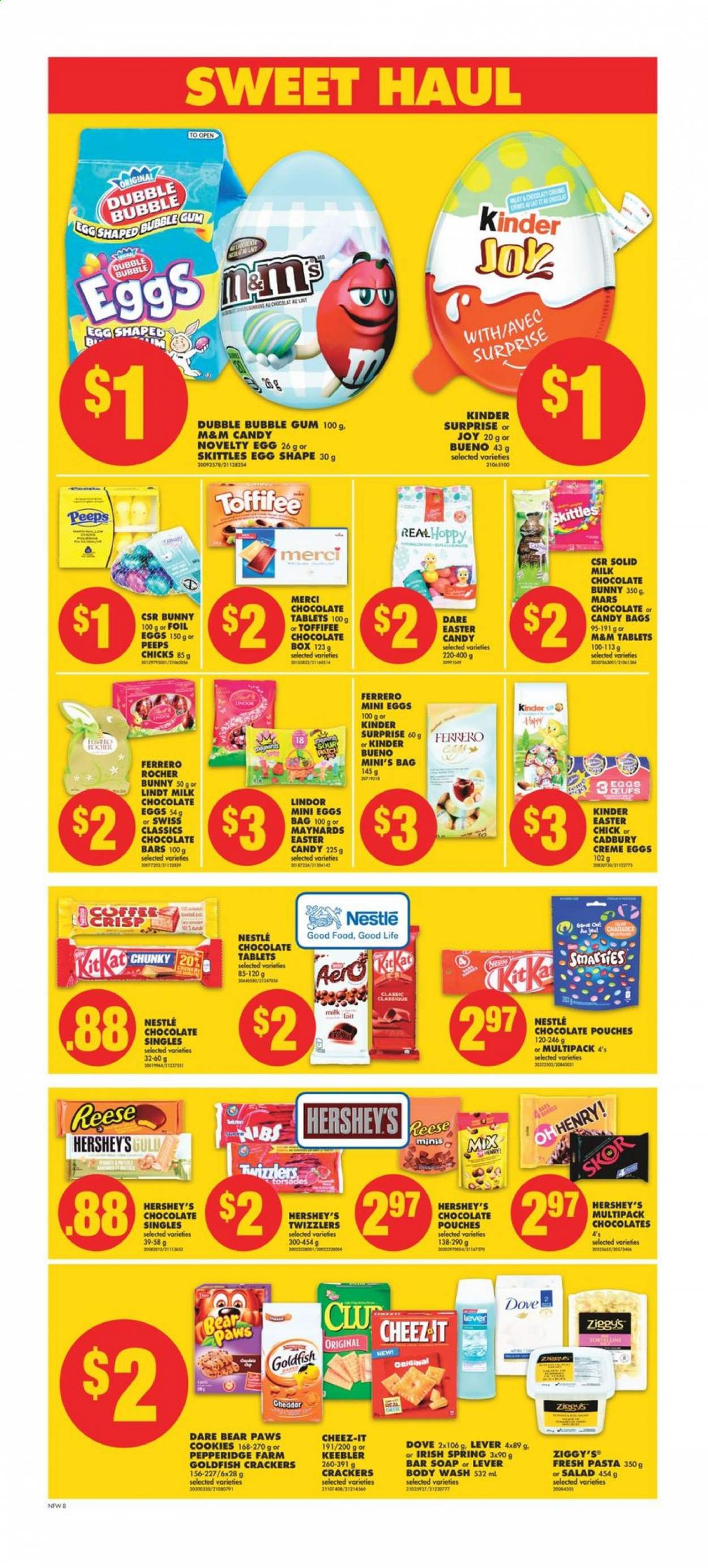 thumbnail - No Frills Flyer - February 26, 2021 - March 04, 2021 - Sales products - cheese, Hershey's, cookies, milk chocolate, Kinder Surprise, Mars, bubblegum, crackers, Kinder Bueno, Ego, Cadbury, Merci, Skittles, chocolate egg, chocolate bunny, Keebler, Peeps, chocolate bar, Goldfish, Cheez-It, Good Life, coffee, Joy, body wash, soap bar, soap, Paws, Nestlé, M&M's. Page 8.