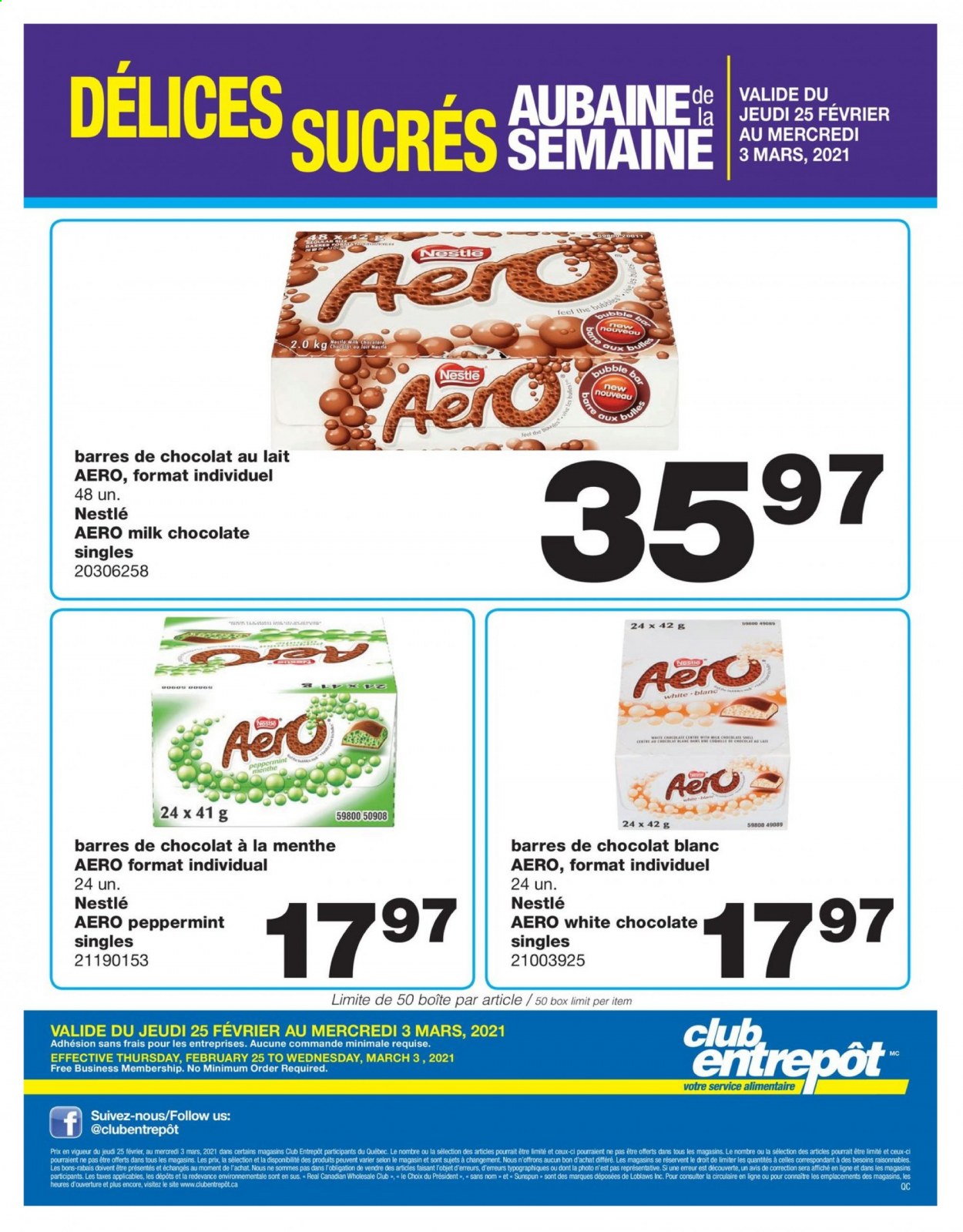 thumbnail - Wholesale Club Flyer - February 25, 2021 - March 03, 2021 - Sales products - Président, milk chocolate, white chocolate, chocolate, Mars, Nestlé. Page 1.
