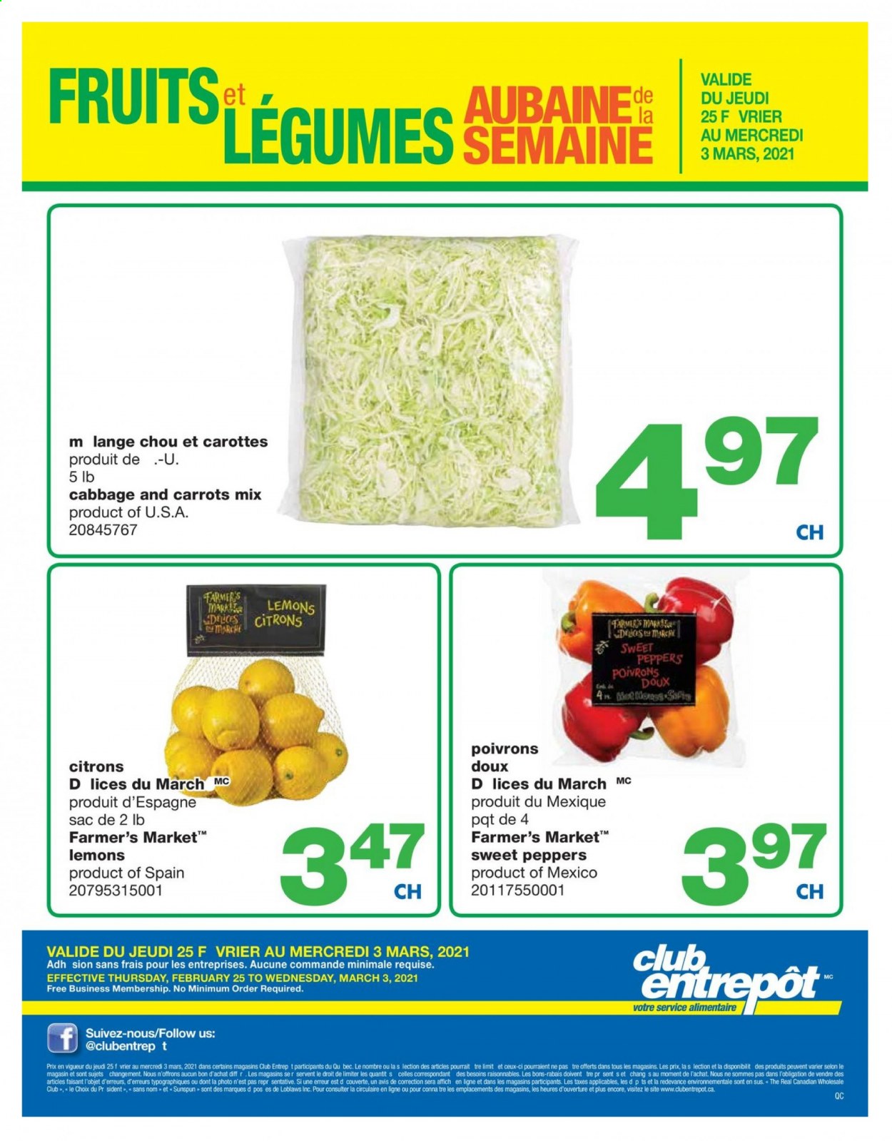 thumbnail - Wholesale Club Flyer - February 25, 2021 - March 03, 2021 - Sales products - carrots, sweet peppers, peppers, lemons, Mars. Page 1.