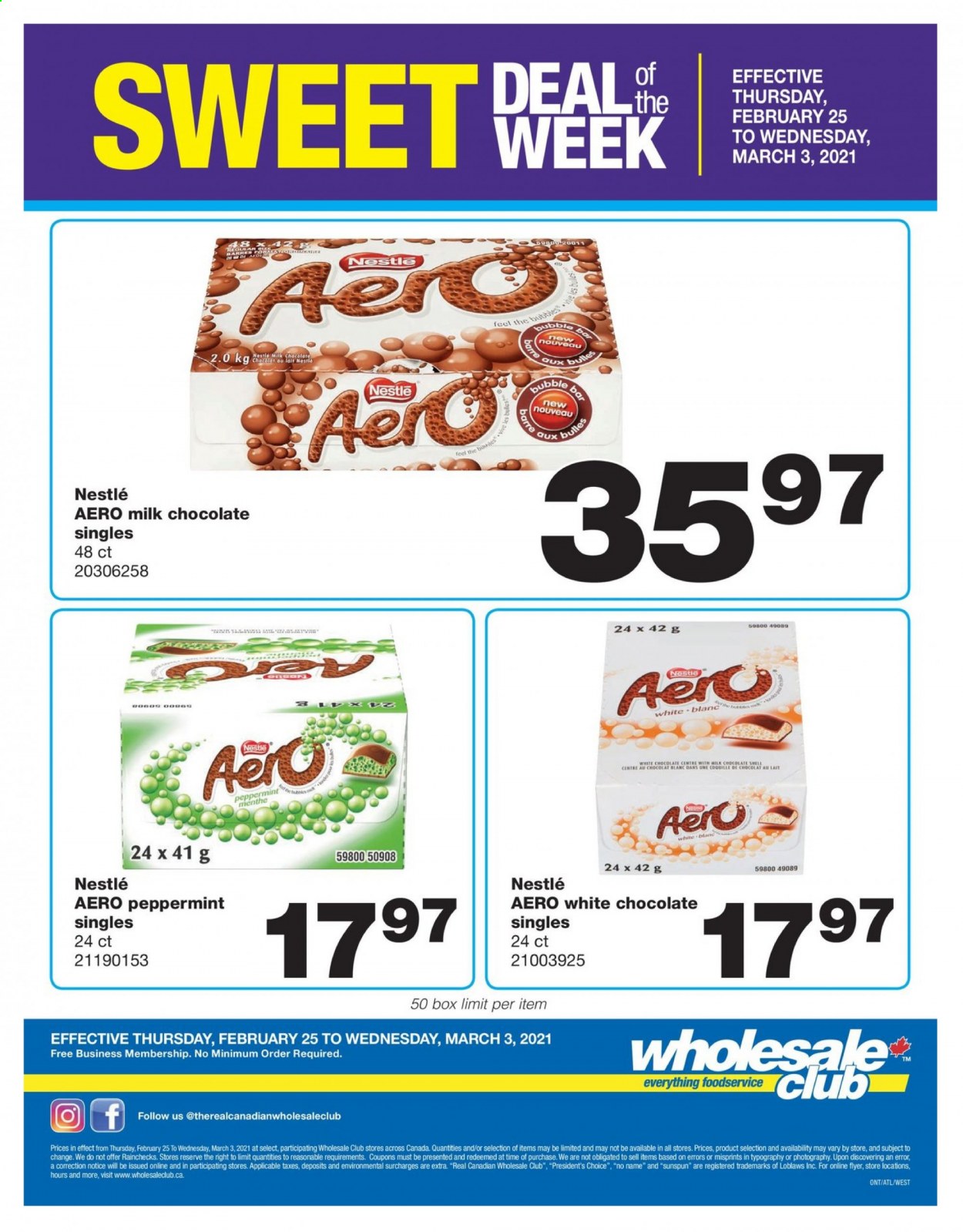 thumbnail - Wholesale Club Flyer - February 25, 2021 - March 03, 2021 - Sales products - No Name, Président, milk chocolate, white chocolate, chocolate, Nestlé. Page 1.