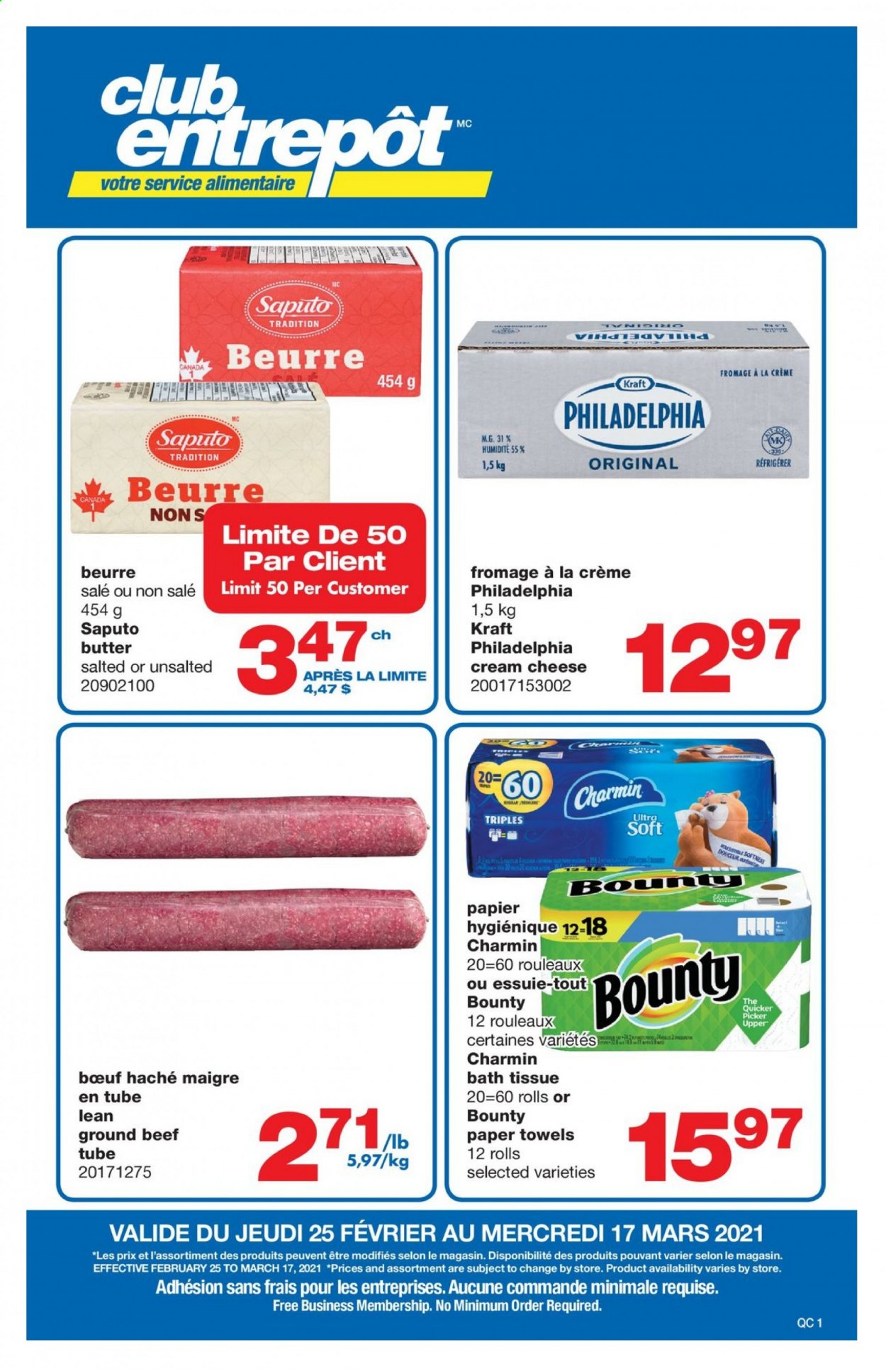 thumbnail - Wholesale Club Flyer - February 25, 2021 - March 17, 2021 - Sales products - Kraft®, cream cheese, cheese, butter, Bounty, Mars, beef meat, ground beef, bath tissue, kitchen towels, paper towels, Charmin. Page 1.
