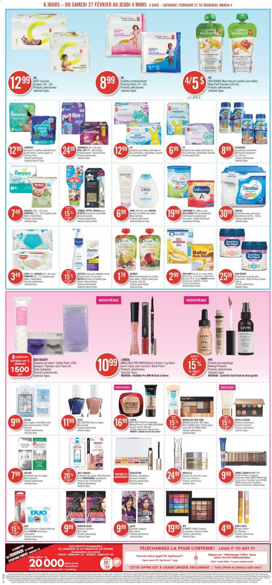 thumbnail - Pharmaprix Flyer - February 27, 2021 - March 04, 2021 - Sales products - snack, Mars, biscuit, Gerber, cereals, rice, Similac, organic baby food, wipes, pants, baby wipes, nappies, baby pants, Aveeno, Playtex, tampons, L’Oréal, NYX Cosmetics, Revlon, hair color, keratin, Mum, nail enamel, lip gloss, makeup, Rimmel, eyelashes, setting spray, sponge, pencil, nutritional supplement, Desitin, Maybelline, Sally Hansen, Huggies, Palette, Pampers. Page 3.
