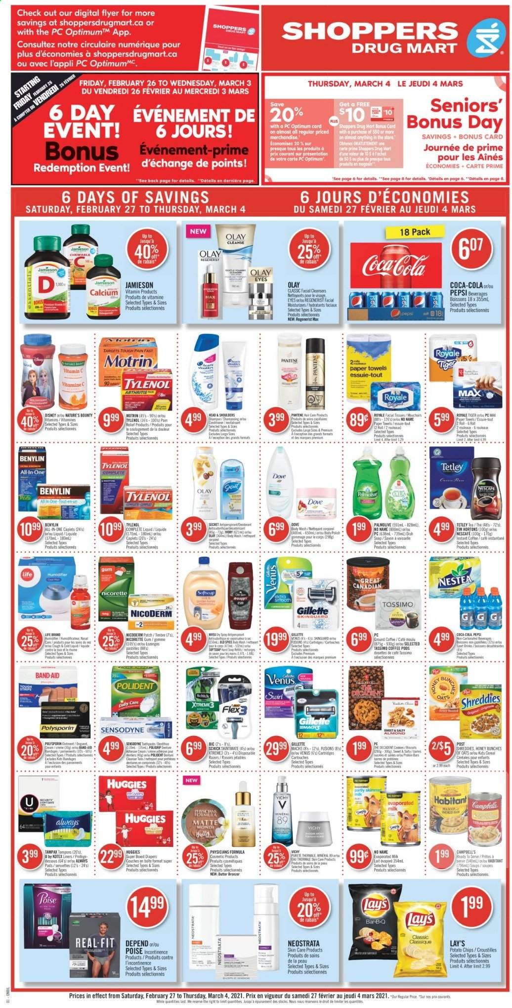 thumbnail - Shoppers Drug Mart Flyer - February 27, 2021 - March 04, 2021 - Sales products - Bounty, Mars, biscuit, pastilles, potato chips, Lay’s, cereals, protein bar, spice, Coca-Cola, Pepsi, tea, coffee pods, nappies, Disney, tissues, kitchen towels, paper towels, body wash, Softsoap, Vichy, hand soap, Palmolive, soap, Polident, Always pads, Kotex, tampons, facial tissues, moisturizer, Olay, conditioner, anti-perspirant, BIC, Schick, Venus, disposable razor, polish, bronzing powder, NicoDerm, Nicorette, Tylenol, vitamin c, Nicorette Gum, Benylin, Motrin, Gillette, Head & Shoulders, Huggies, Pantene, Old Spice, chips, Sensodyne, Nescafé, deodorant. Page 1.